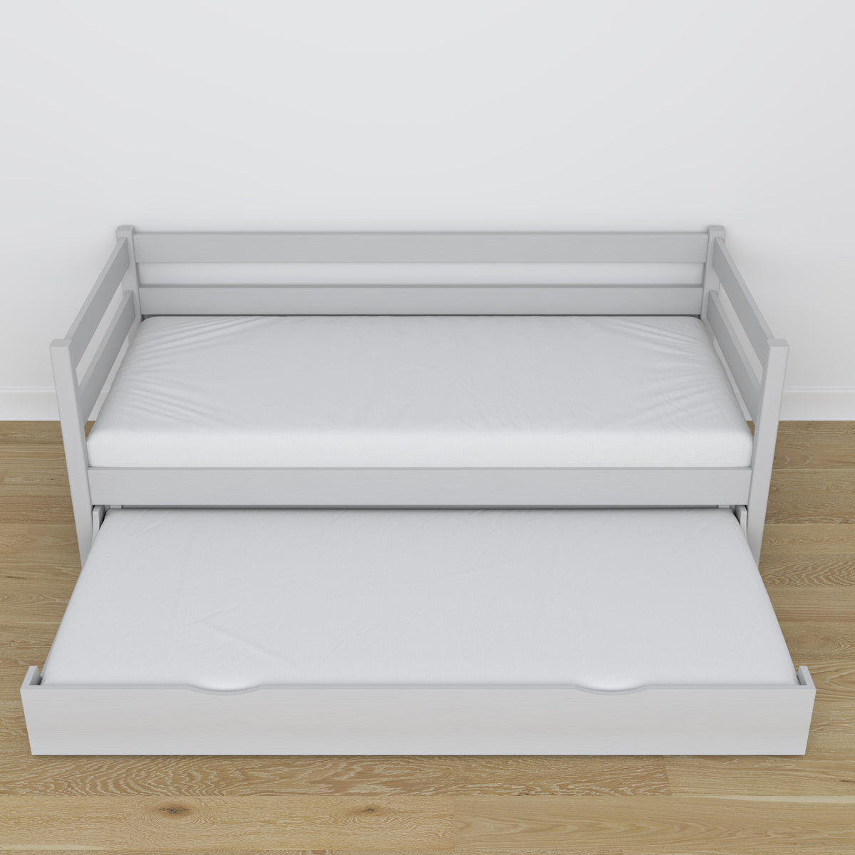 Łóżko sofa z szufladą na materac popielaty z drewna – wymiary, Nizio