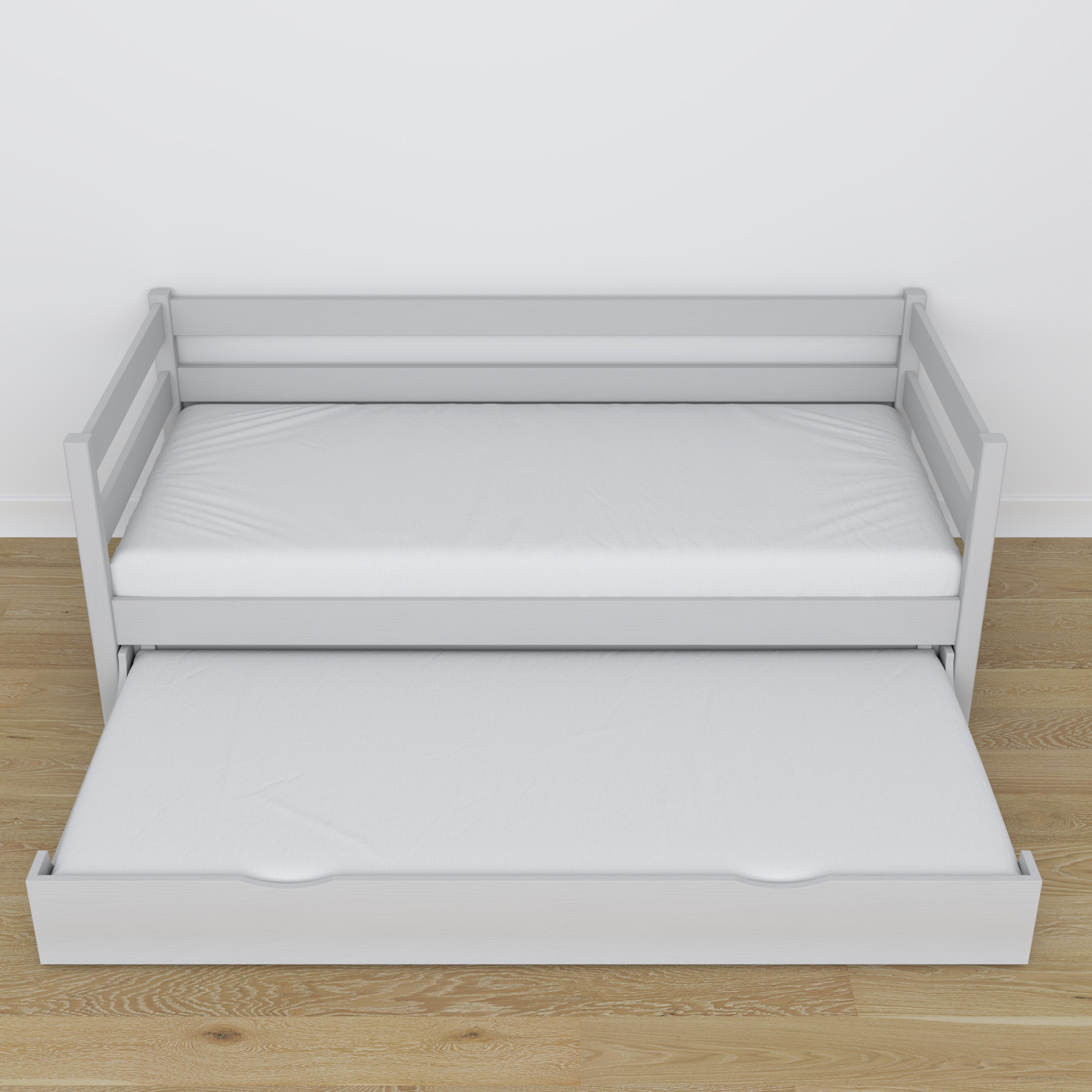 Łóżko sofa z szufladą na materac popielaty z drewna – wymiary, Nizio