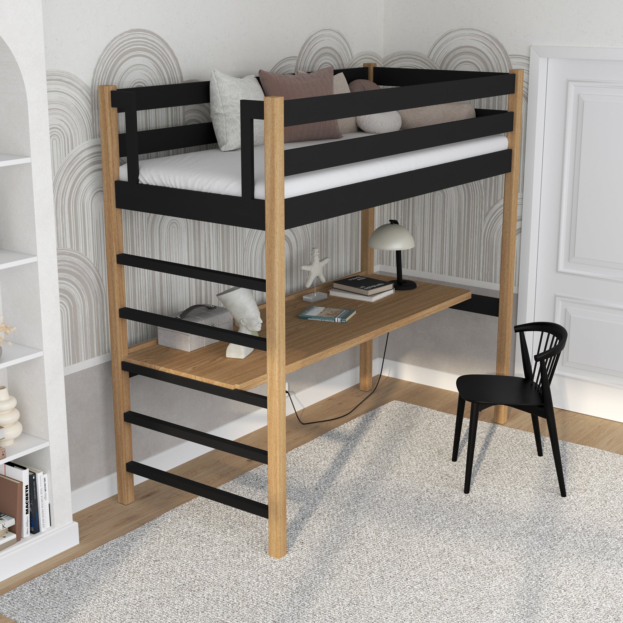 Loft bed black/oak – wooden desk under the sleeping area, scandi children’s room