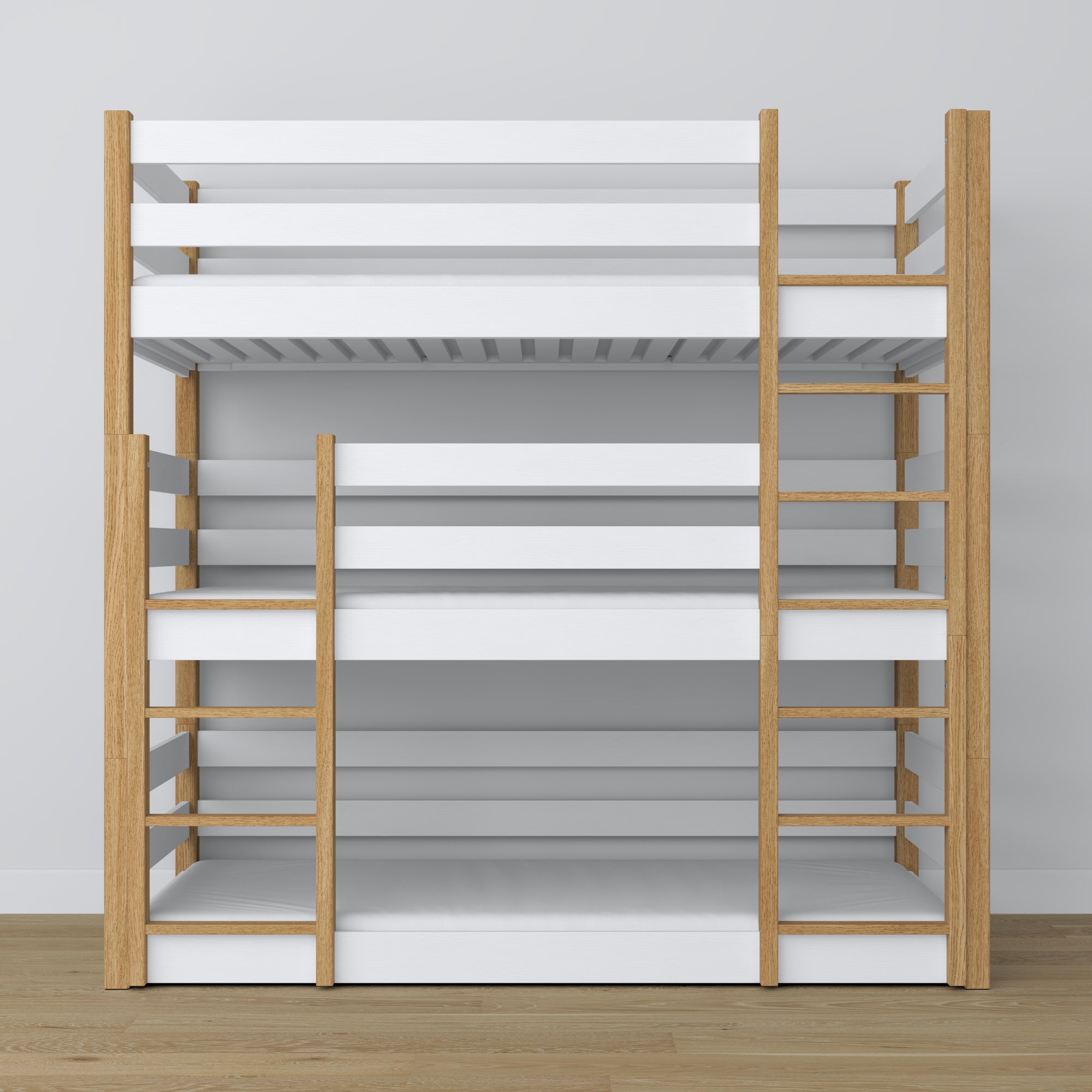 Letto 3-a castello bianco con quercia – scala e sponde sicurezza, in legno