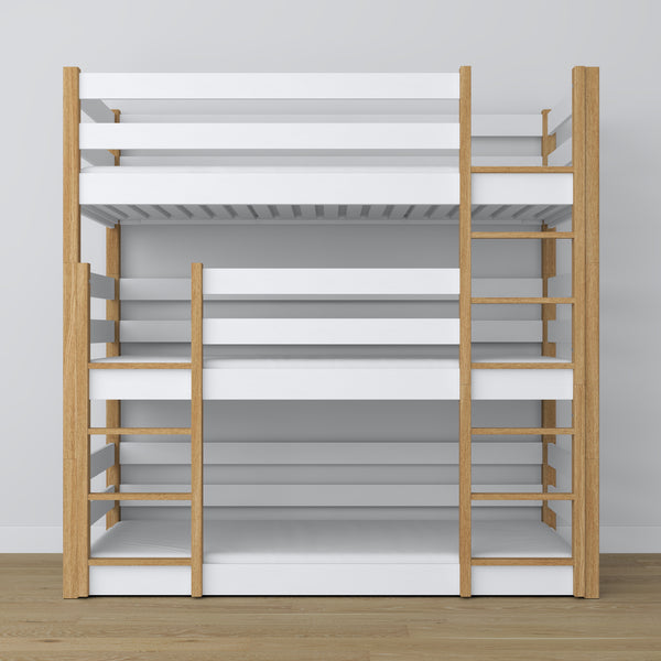 Triple bunk bed white with oak – ladder and safety rails, wooden