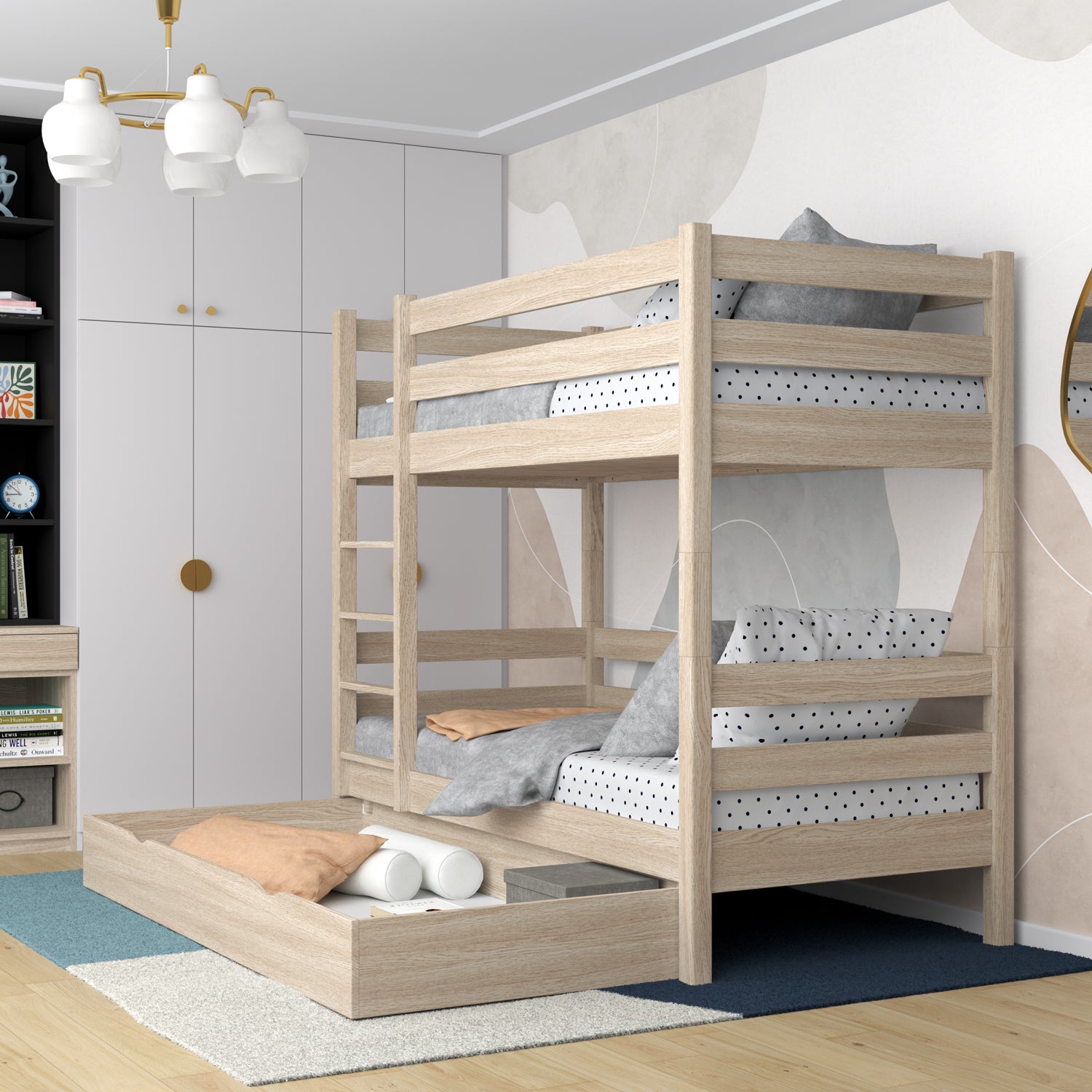 Letto a castello con cassetto in rovere sbiancata – stanza per bambini, legno massello, scandi