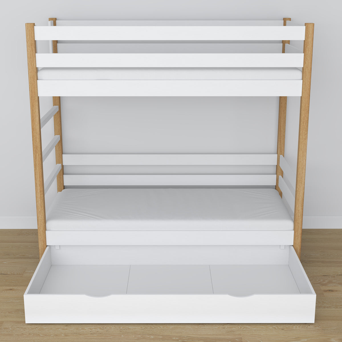 Letto a castello in legno bianco-quercia con cassetto – allestimento nella cameretta dei bambini scandi