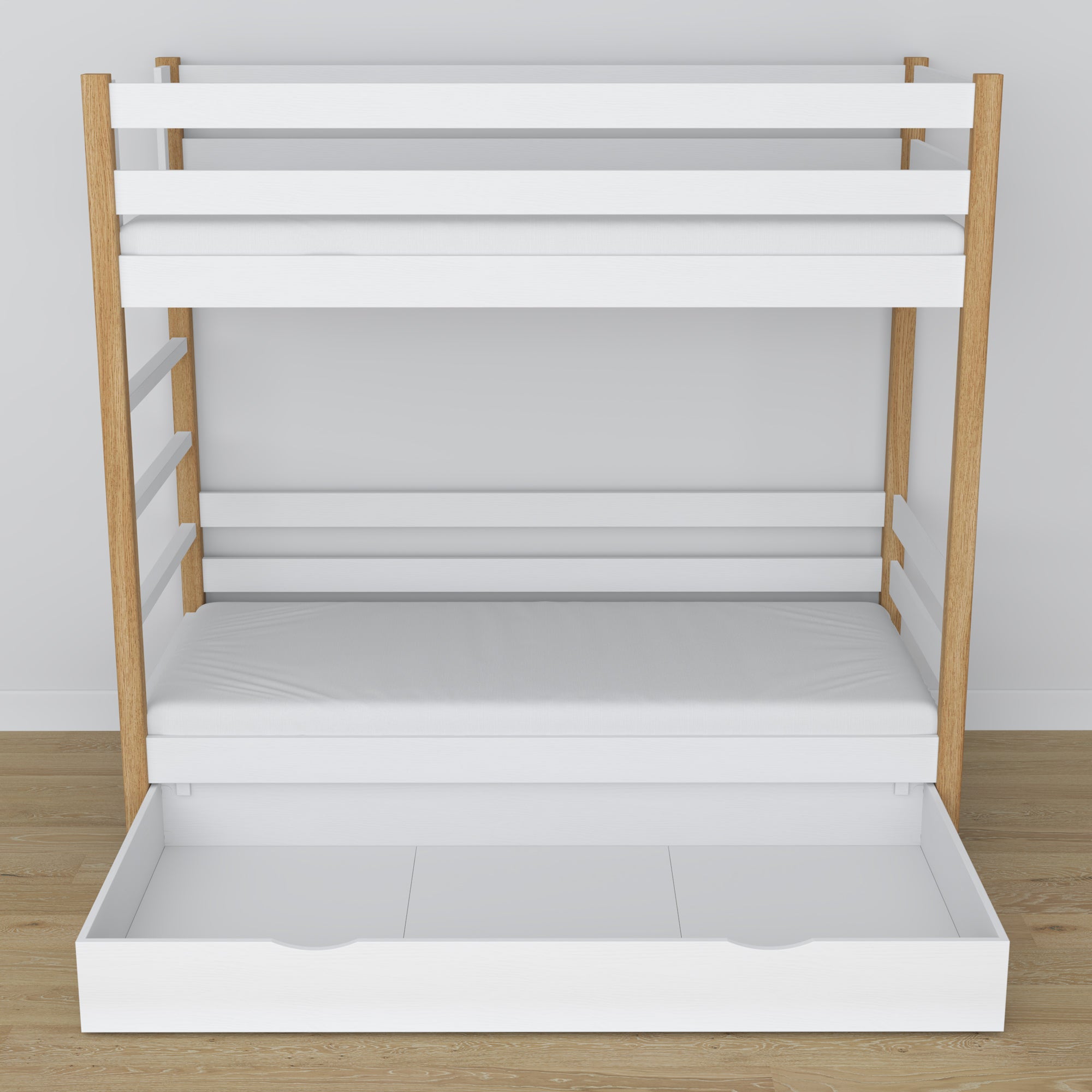 Letto a castello in legno bianco-quercia con cassetto – allestimento nella cameretta dei bambini scandi