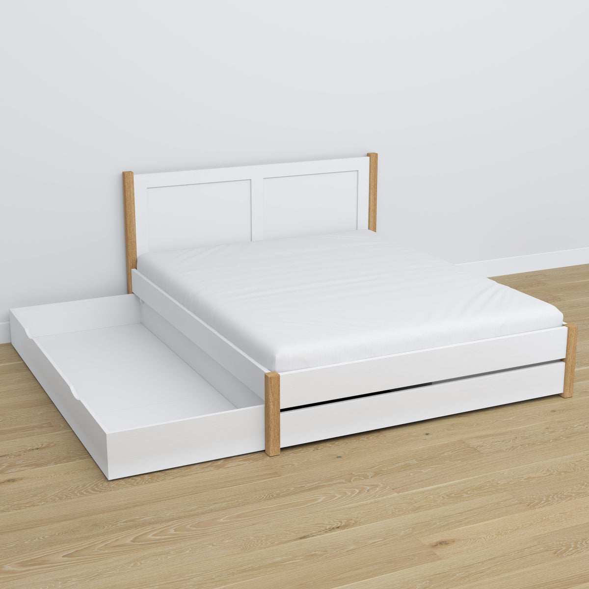 Letto matrimoniale con cassetto in legno bianco con quercia – cassetto aperto, capiente ambiente