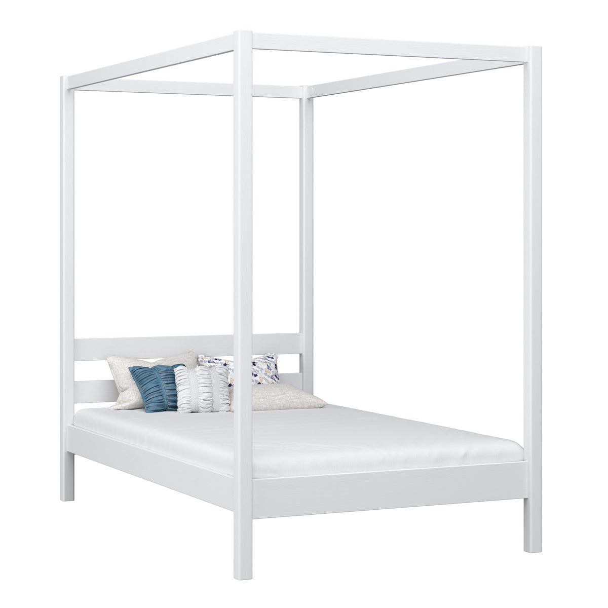 Wooden white canopy bed – close-up of canopy and headboard