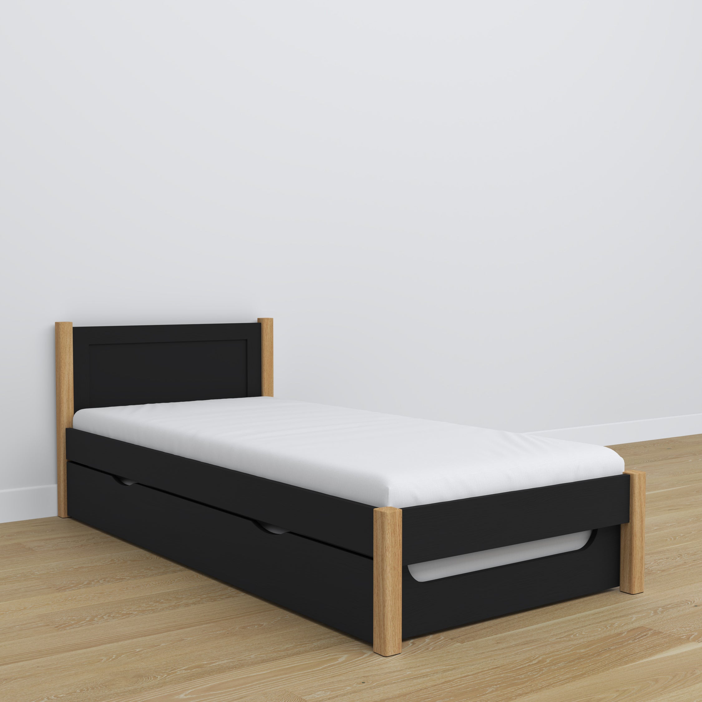 Wooden bed with mattress drawer black-oak – child’s room arrangement