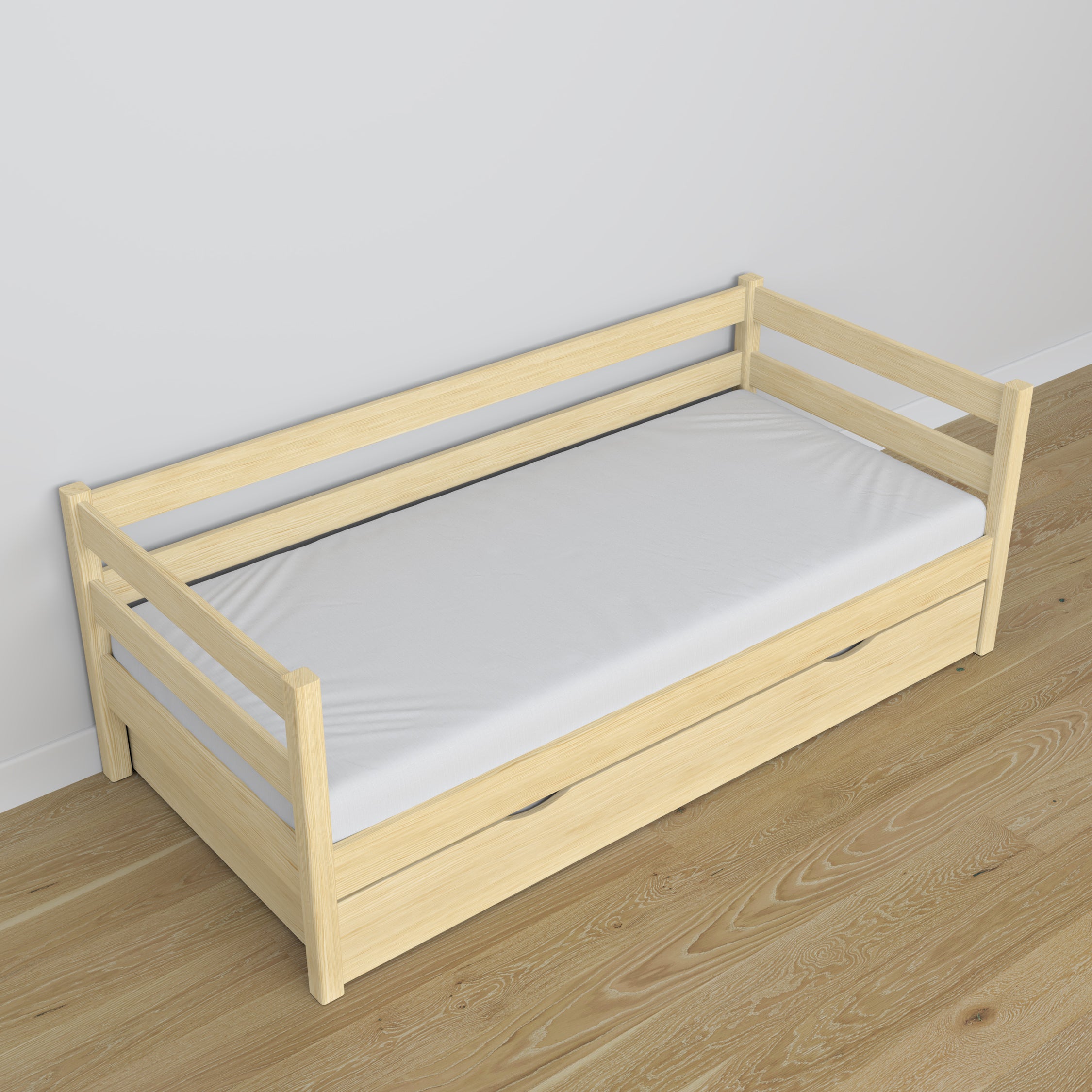 Łóżko sofa z szufladą na materac N01 sosna bezbarwna – widok z innej perspektywy, solidne drewno