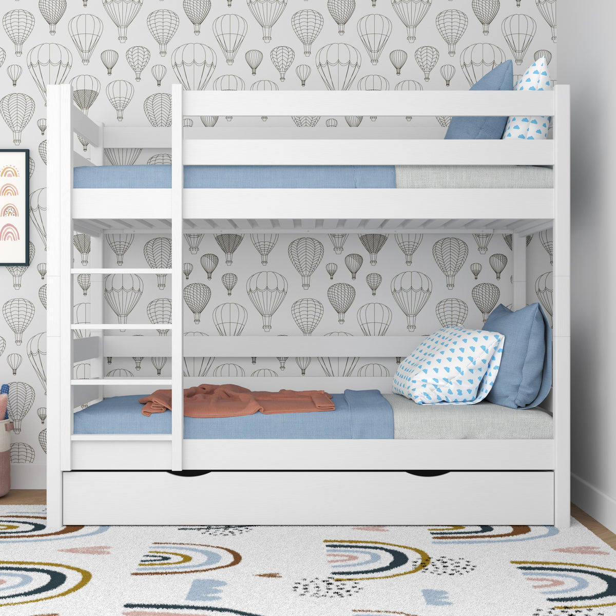 White Bunk Bed with Drawer – Wooden Safety Rail and Ladder, Nizio