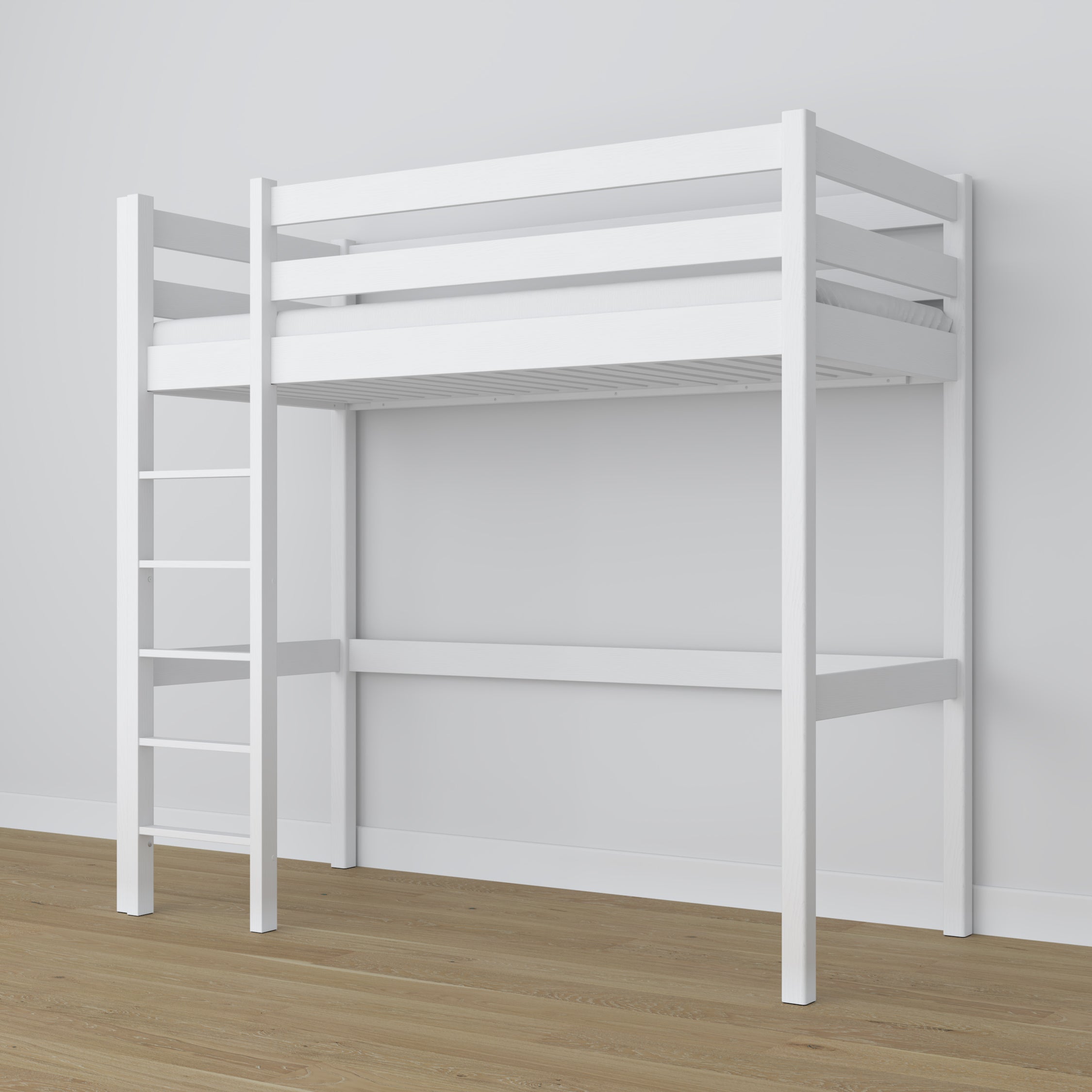 Letto a soppalco in legno bianco – struttura con doghe, vista laterale