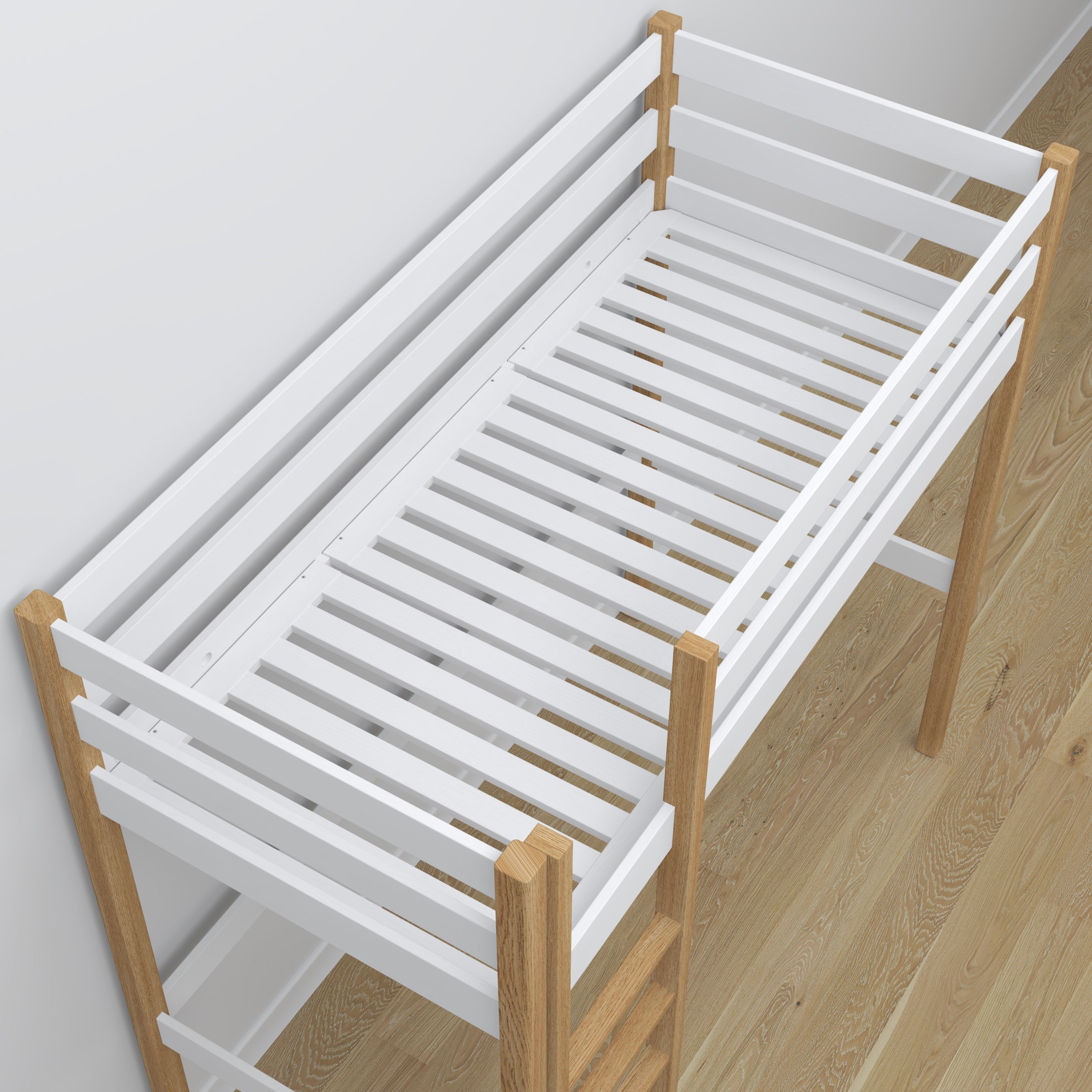 Letto a soppalco bianco-quercia – scrivania in legno sotto camera da letto, stanza per bambini scandi
