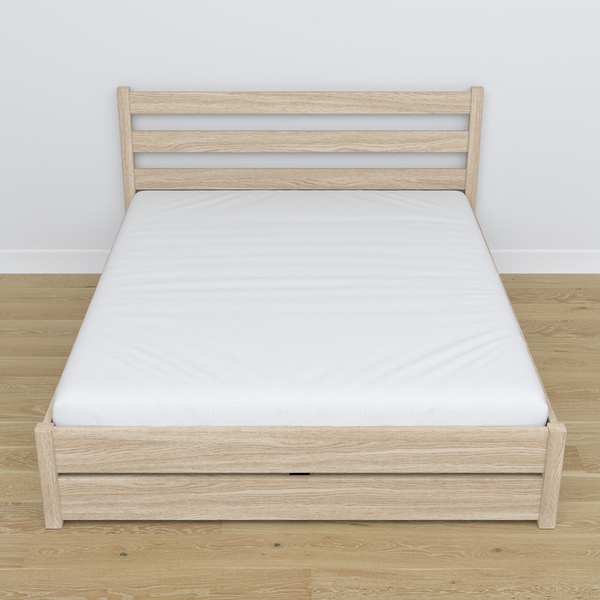 Letto matrimoniale con cassetto in rovere sbiancata – vista diagonale, camera da letto scandi