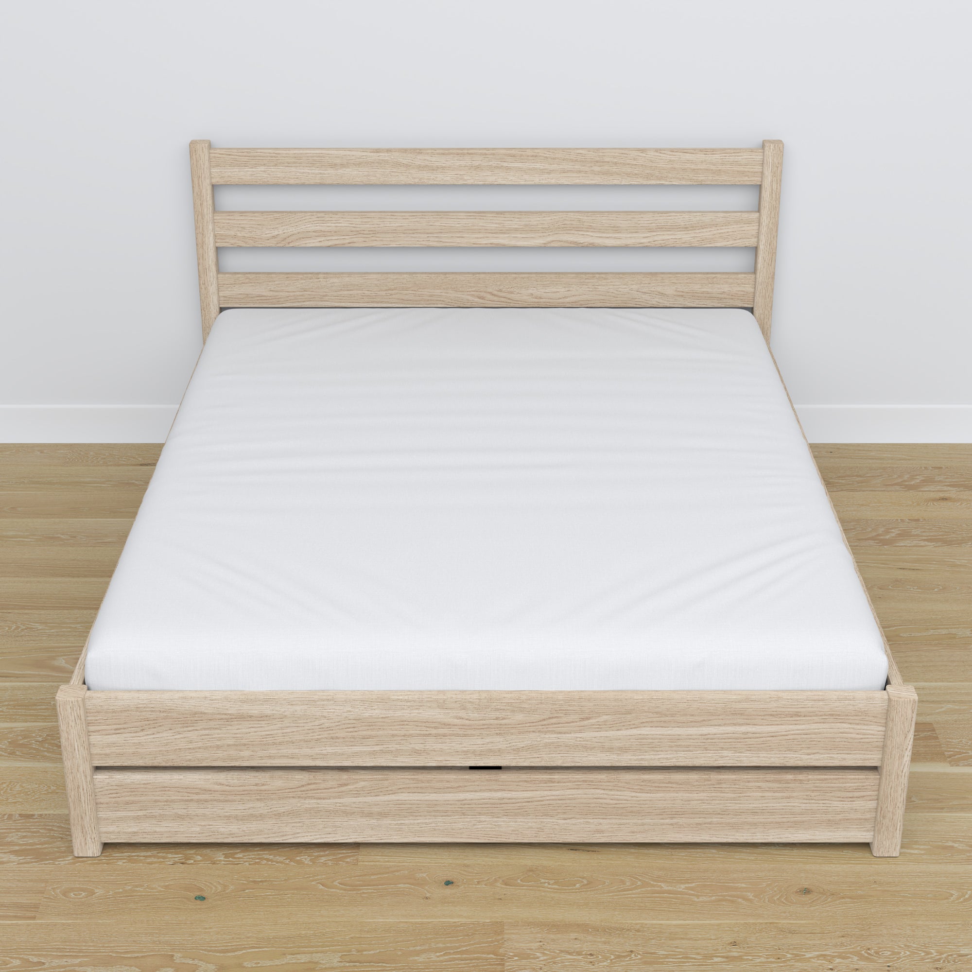 Letto matrimoniale con cassetto in rovere sbiancata – vista diagonale, camera da letto scandi