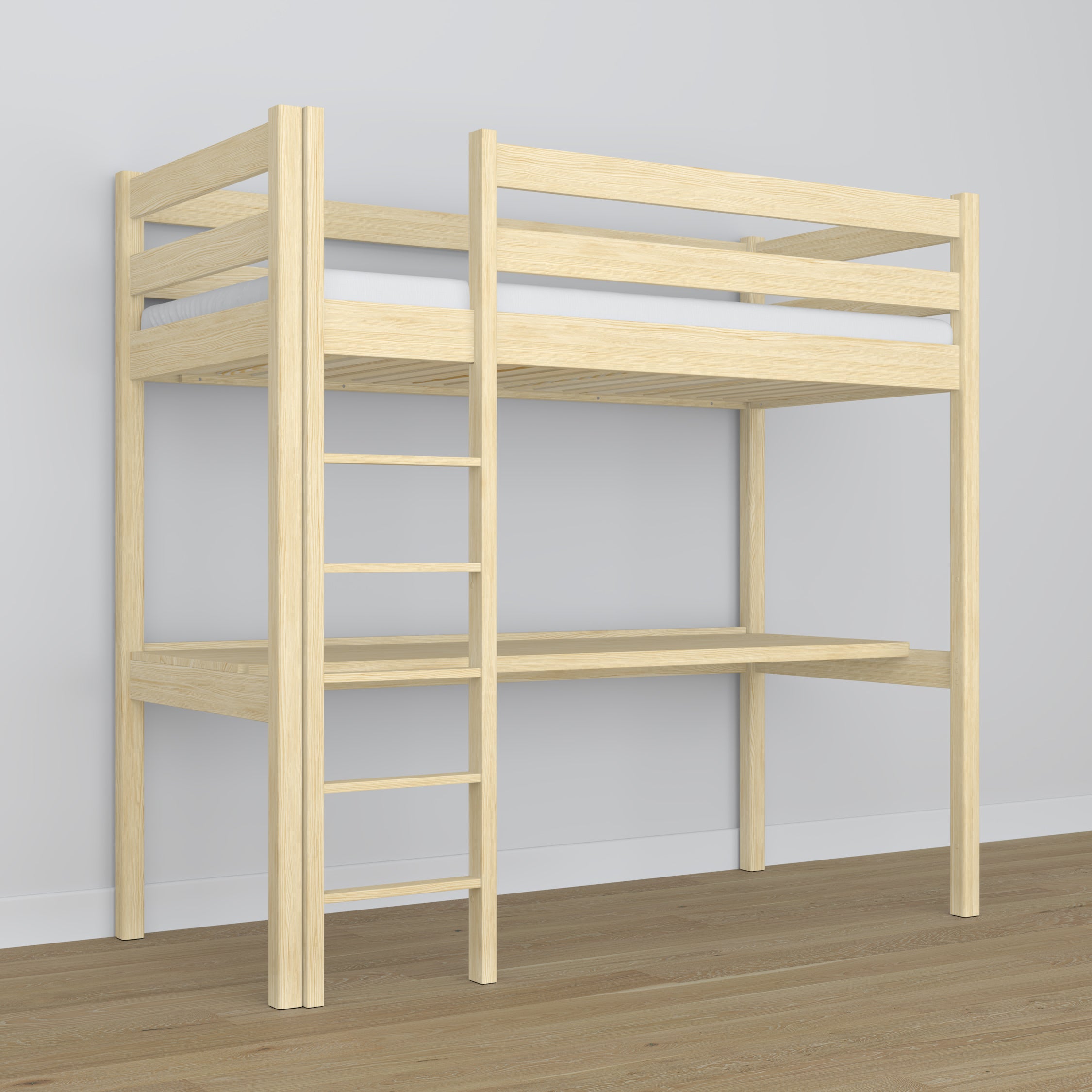 Loft bed clear pine – wooden desk under the sleeping area, scandi children’s room