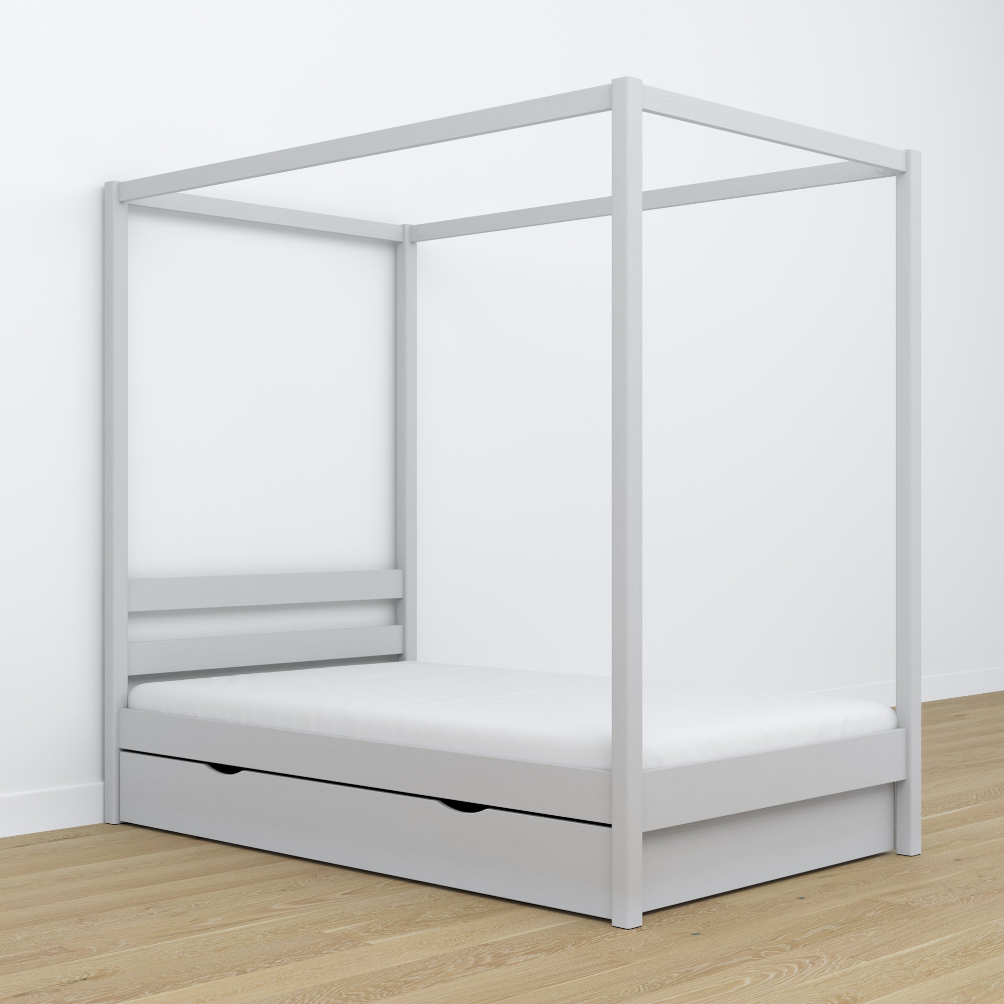 Wooden grey canopy bed – decorative frame, child’s room