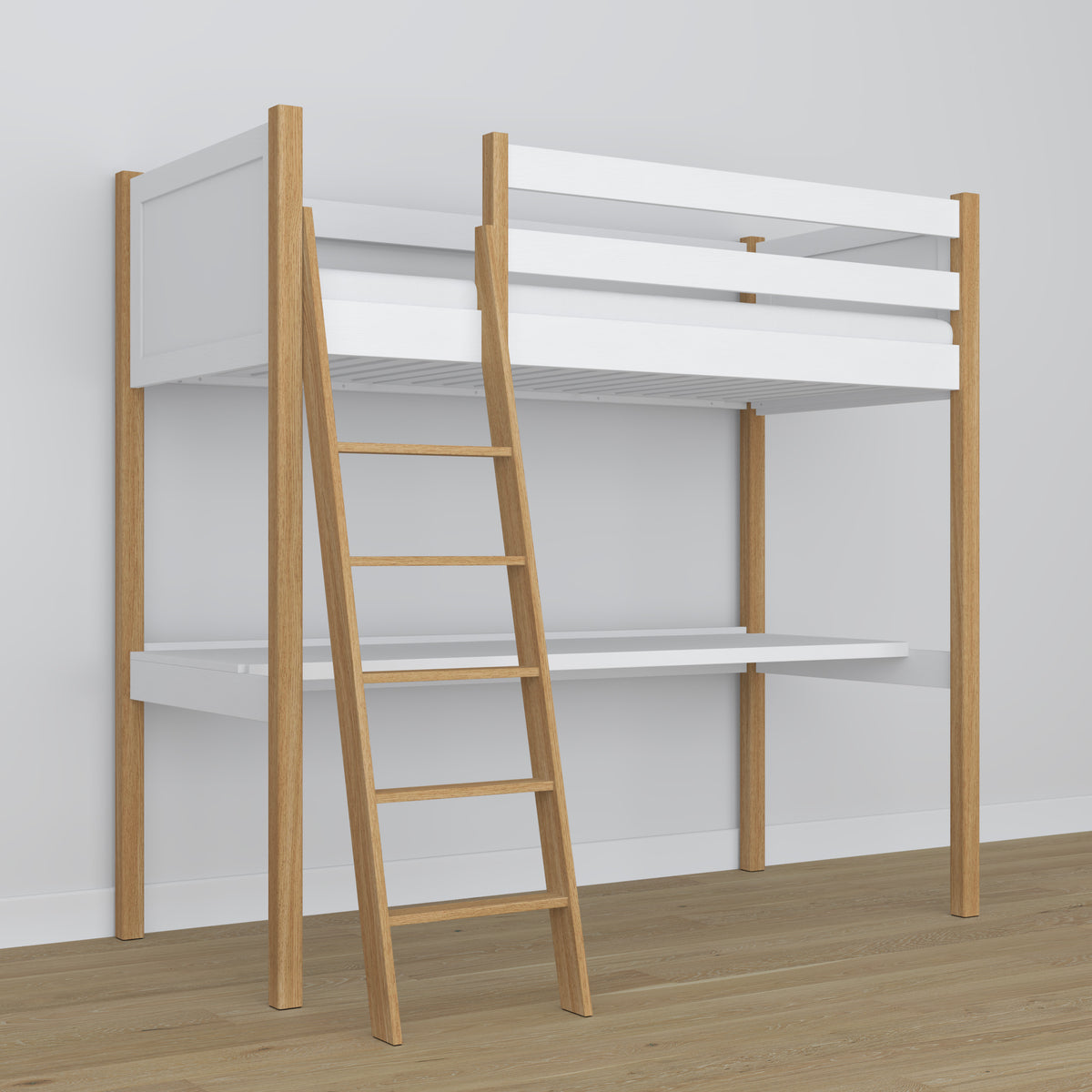 Letto a soppalco con scrivania bianco-quercia in legno – dimensioni, Nizio Home