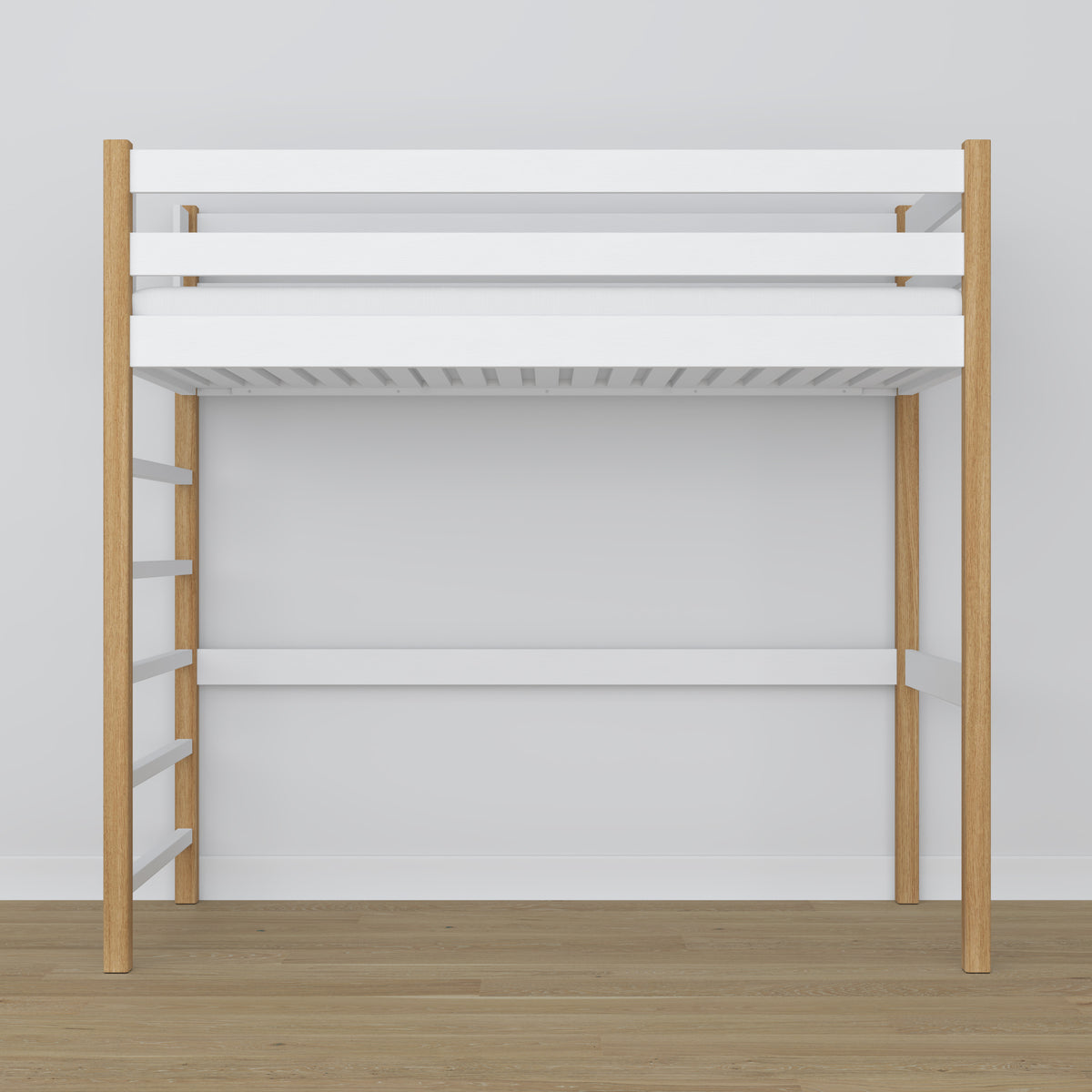 Letto a soppalco bianco-quercia in legno – vista dall'alto su camera da letto