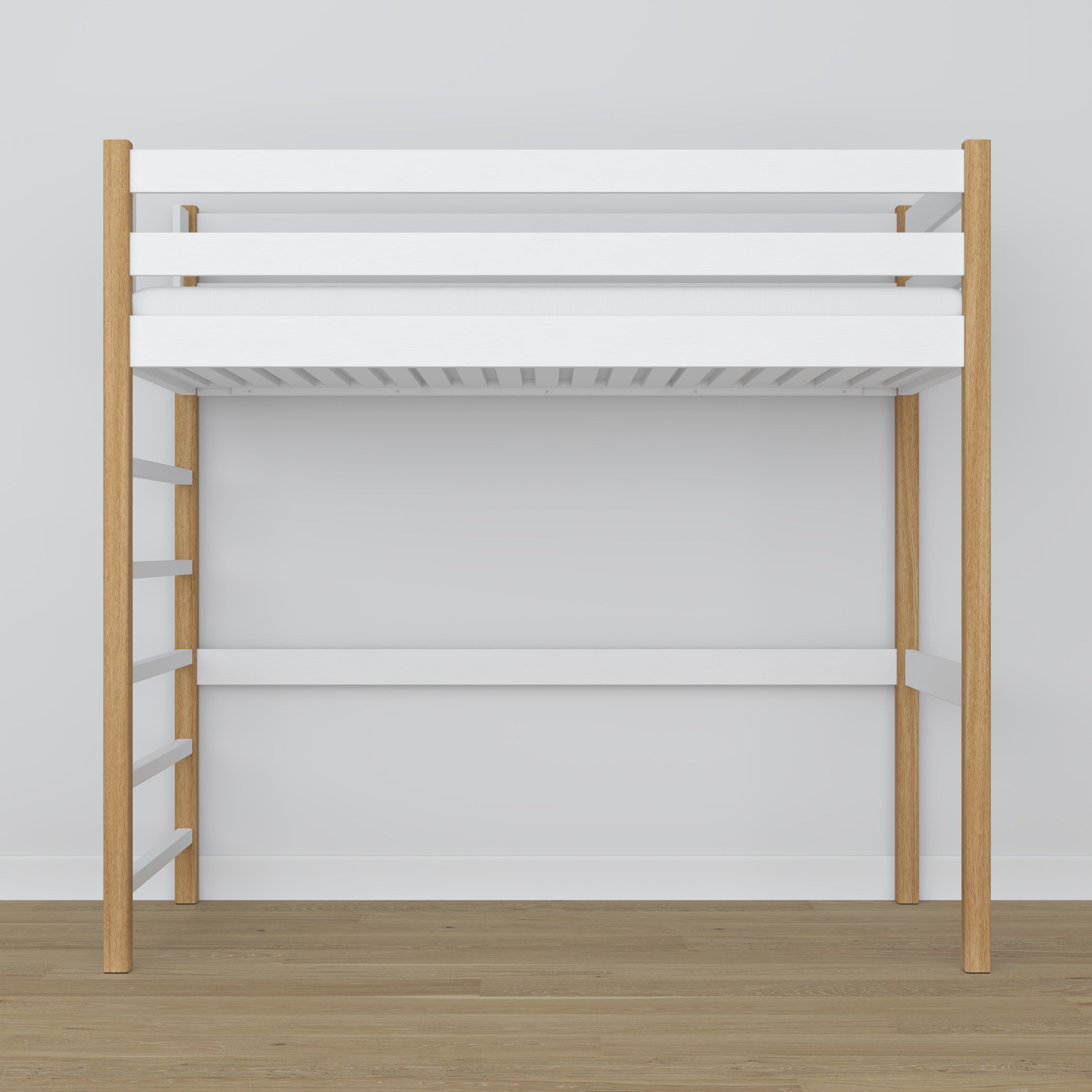 Letto a soppalco bianco-quercia in legno – vista dall'alto su camera da letto