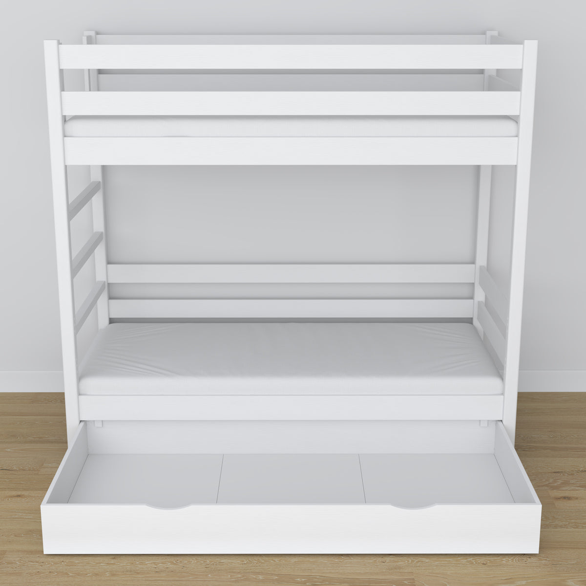 White Bunk Bed – Wooden Slatted Frame, Side View