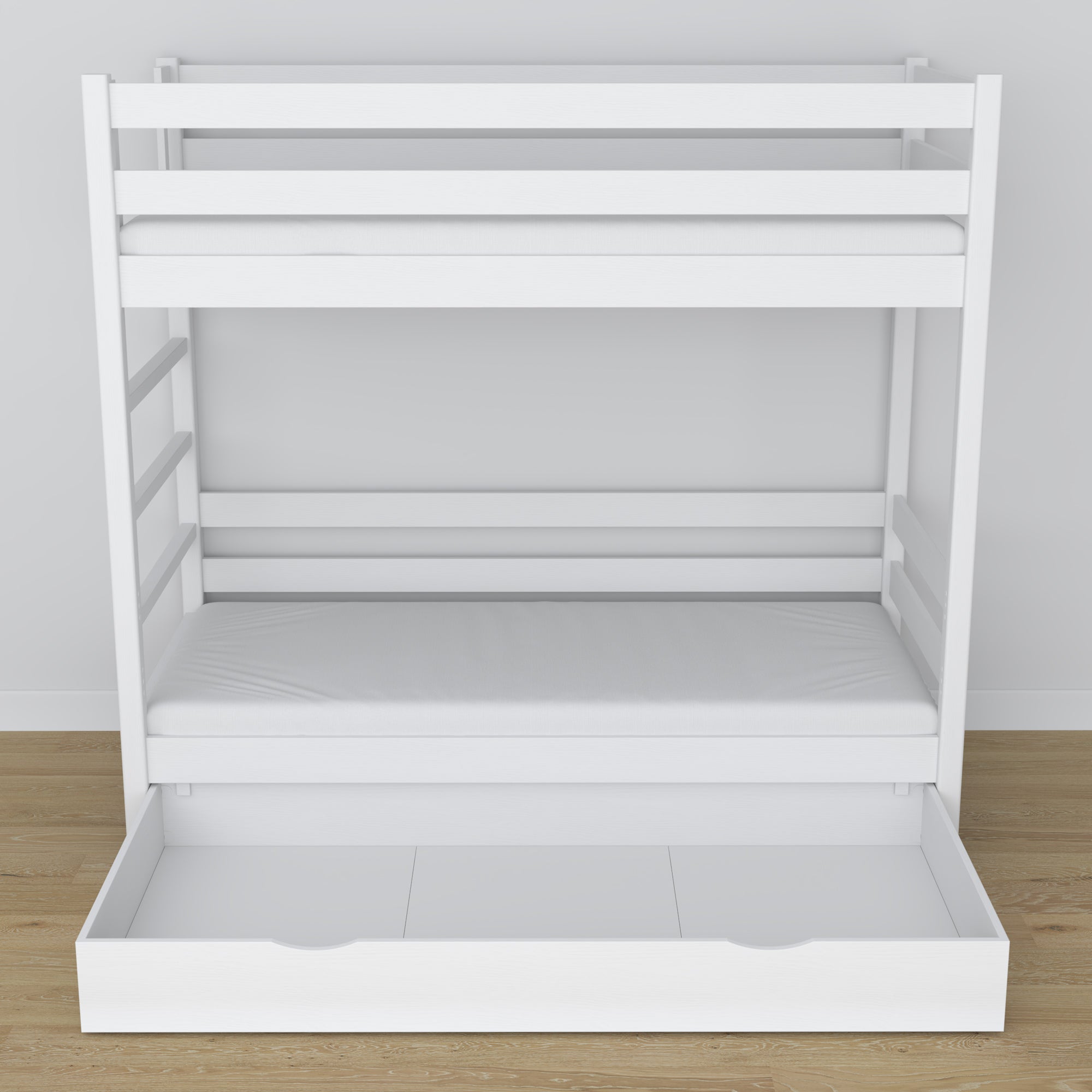 White Bunk Bed – Wooden Slatted Frame, Side View