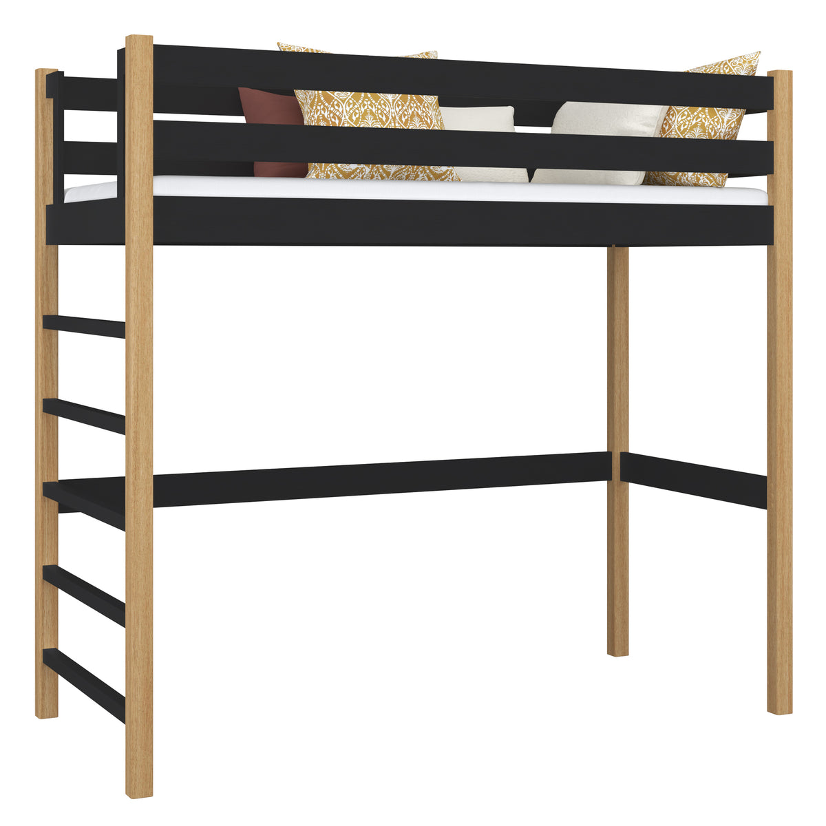 Loft bed black/oak – wooden ladder and safety rail, Nizio Home