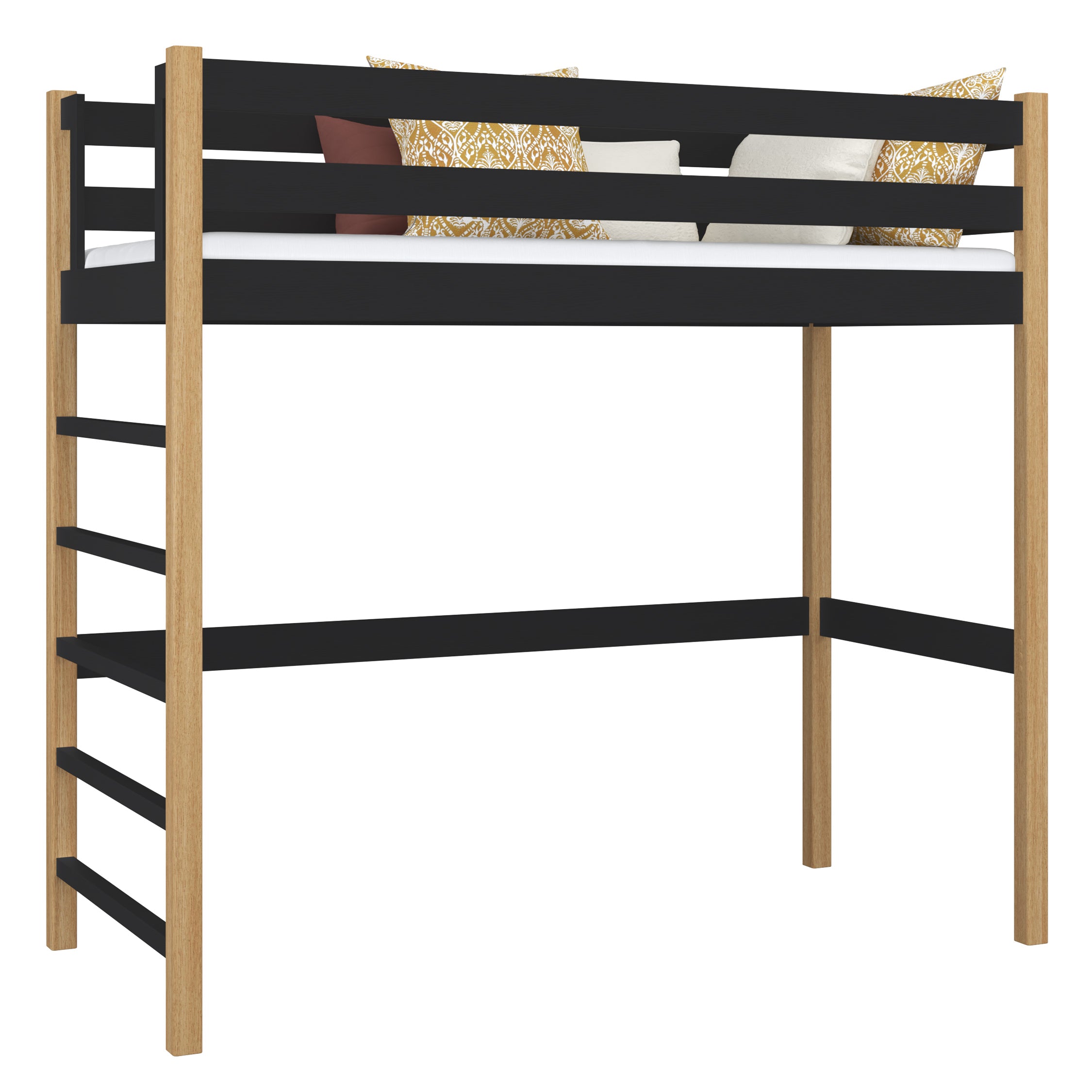 Loft bed black/oak – wooden ladder and safety rail, Nizio Home