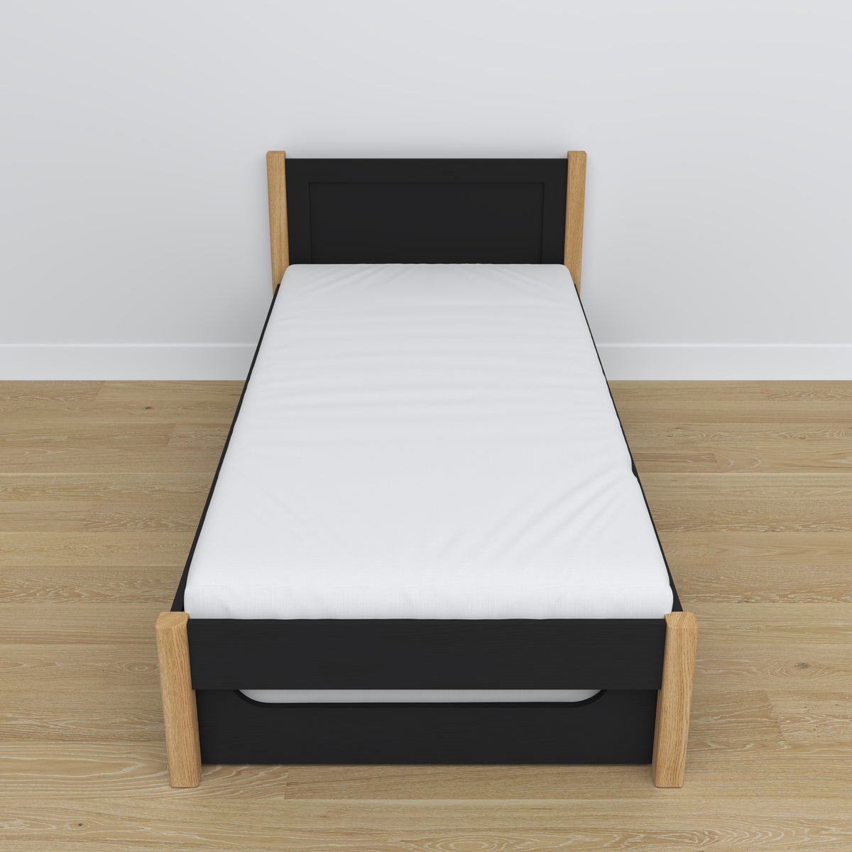 Black and Oak Bed – Mattress Drawer, Wooden Details, Nizio Home