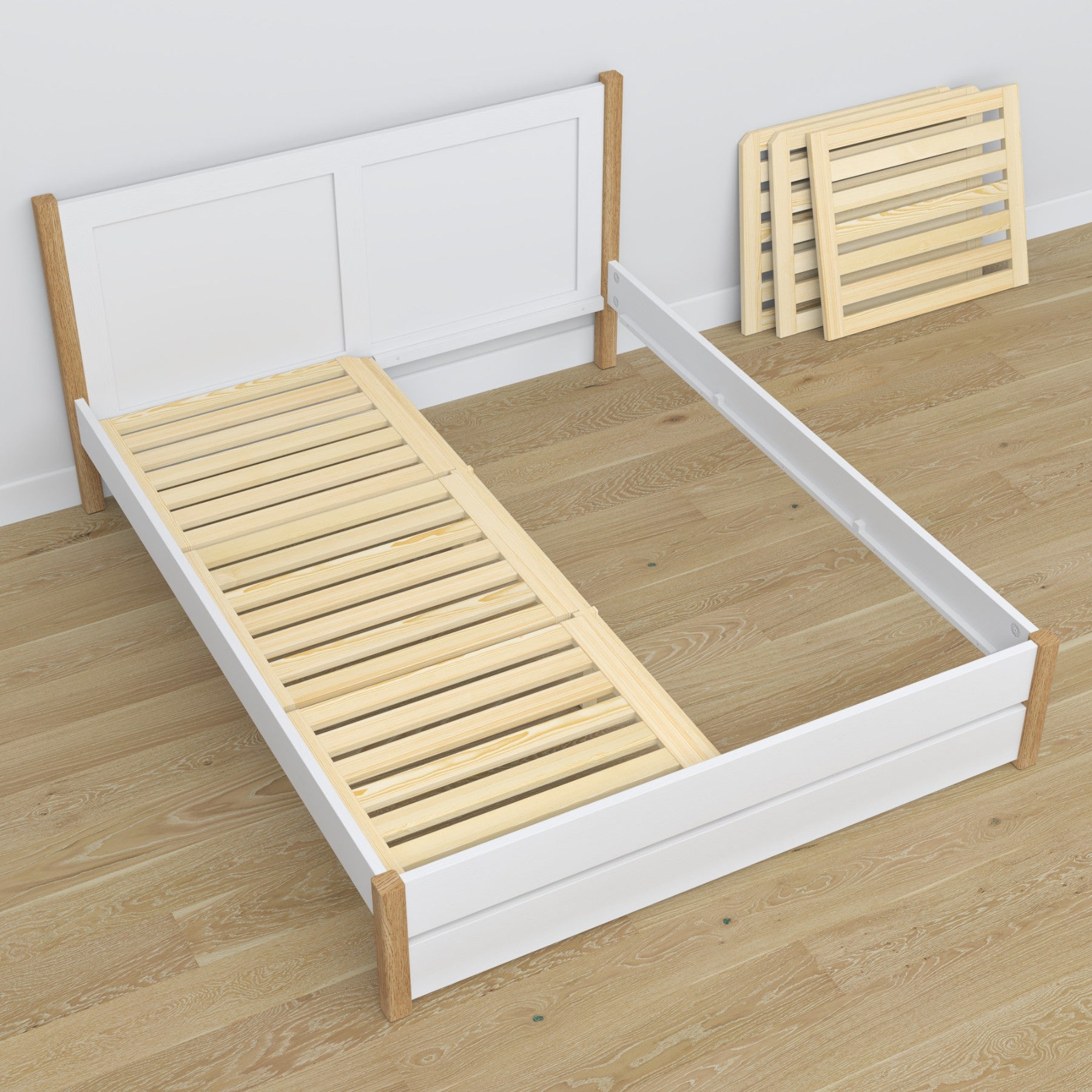 Letto matrimoniale bianco con quercia in legno – dimensioni e schema, Nizio Home
