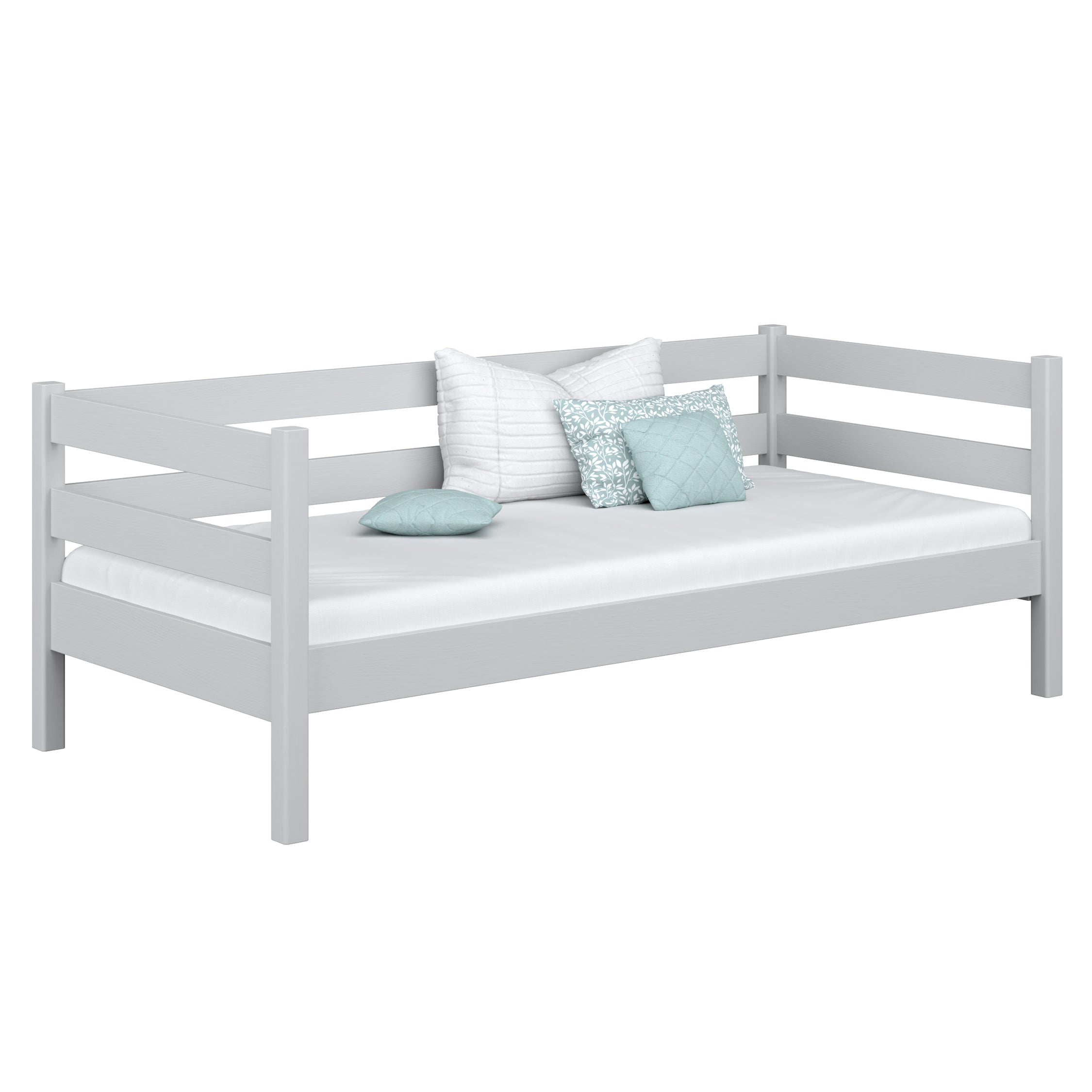 Letto divano grigio – laterale sponda in legno, sicurezza per bambini