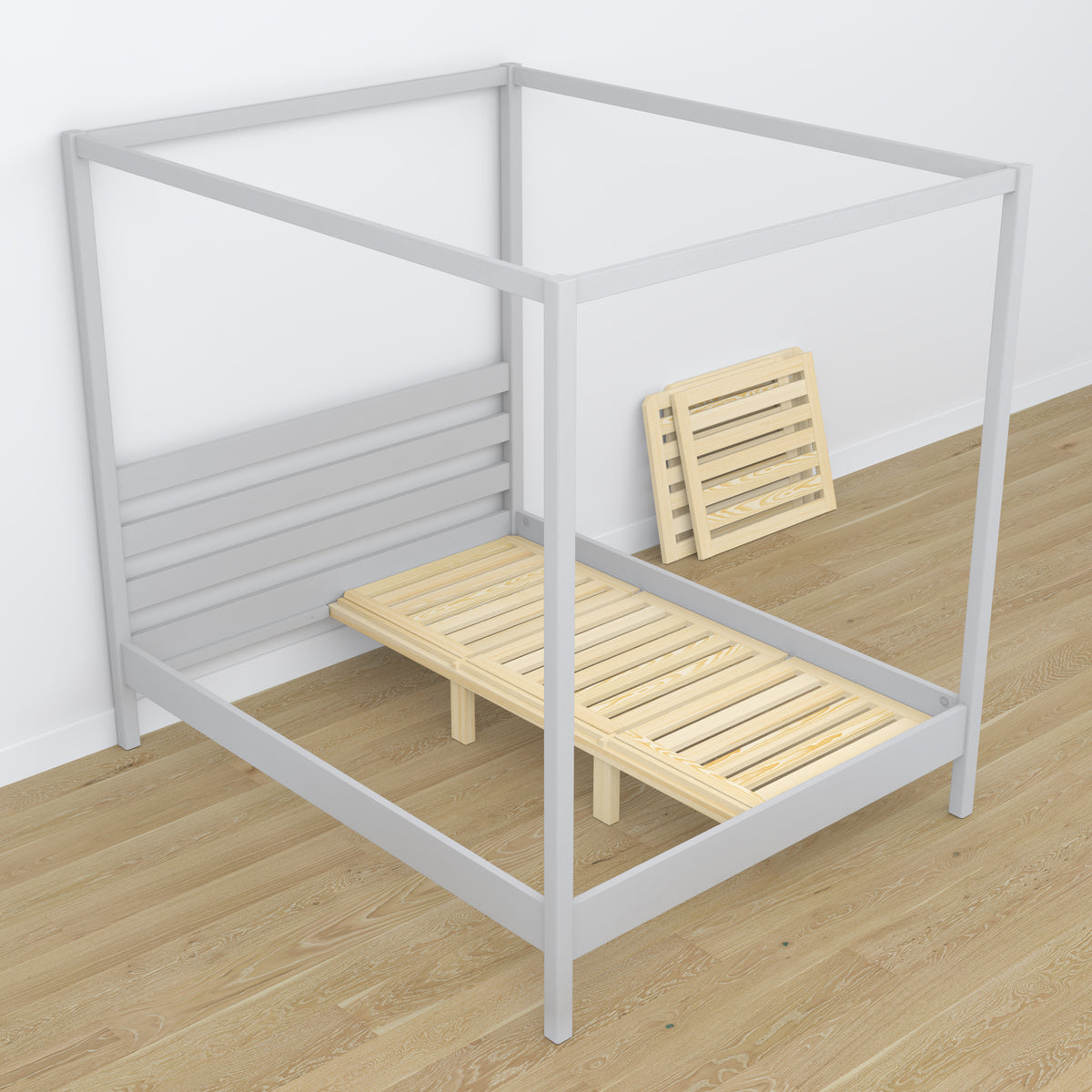 Canopy bed grey made of wood – side view, scandi style
