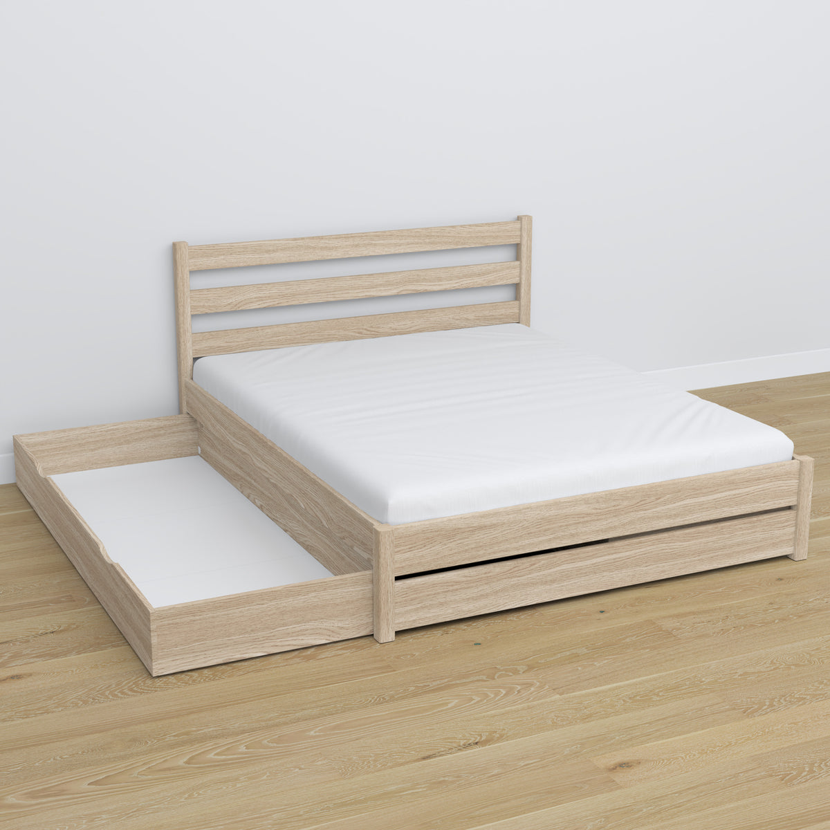 Letto matrimoniale con cassetto in rovere sbiancata – cassetto aperto, capiente ambiente