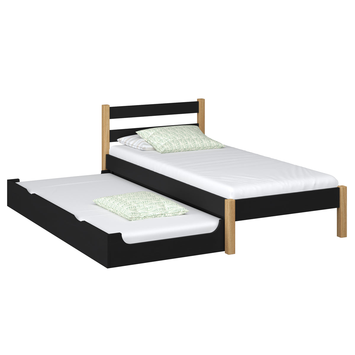 Wooden bed with mattress drawer black-oak – extended drawer, guest