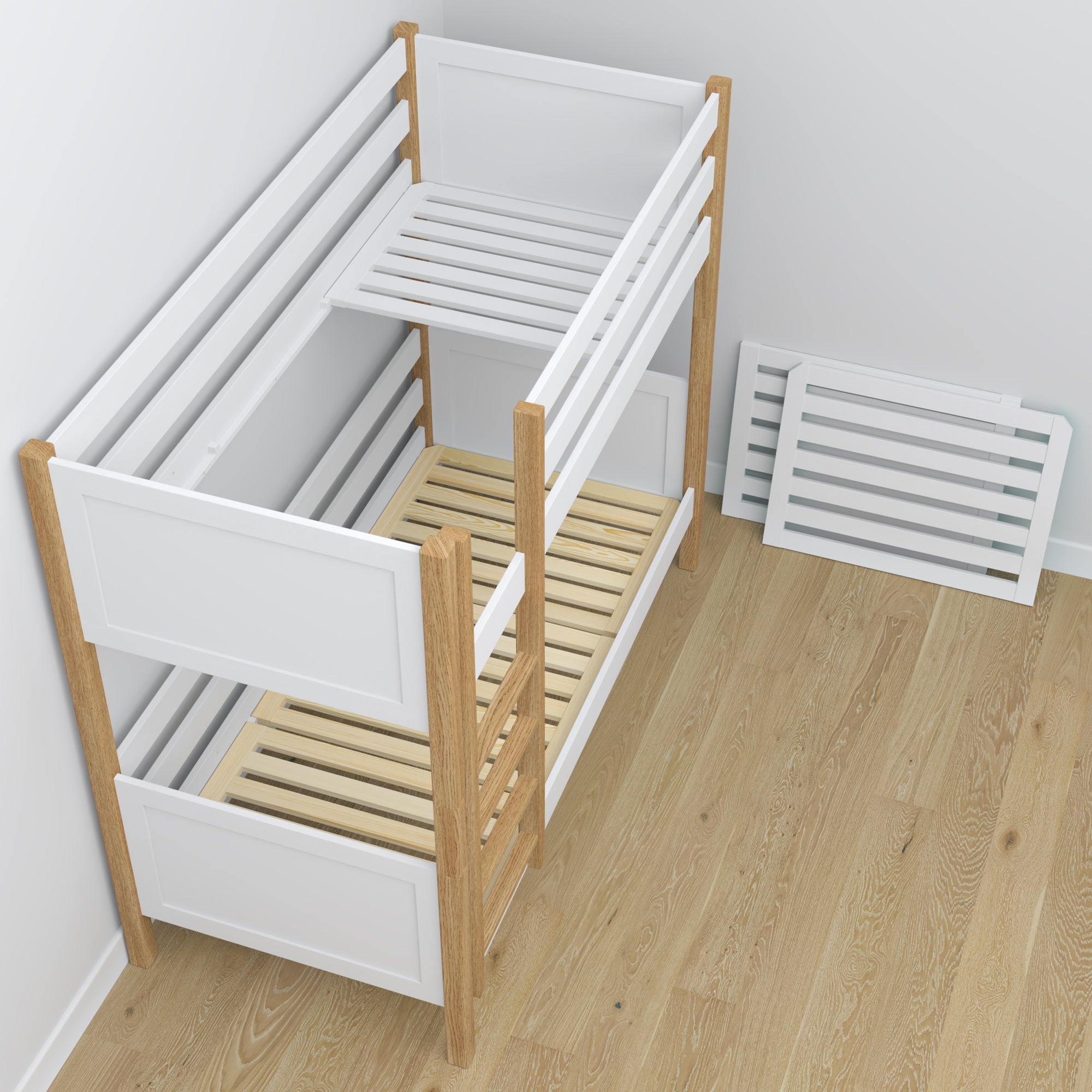 White and Oak Wooden Bunk Bed with Drawer – Scandinavian Design, Nizio