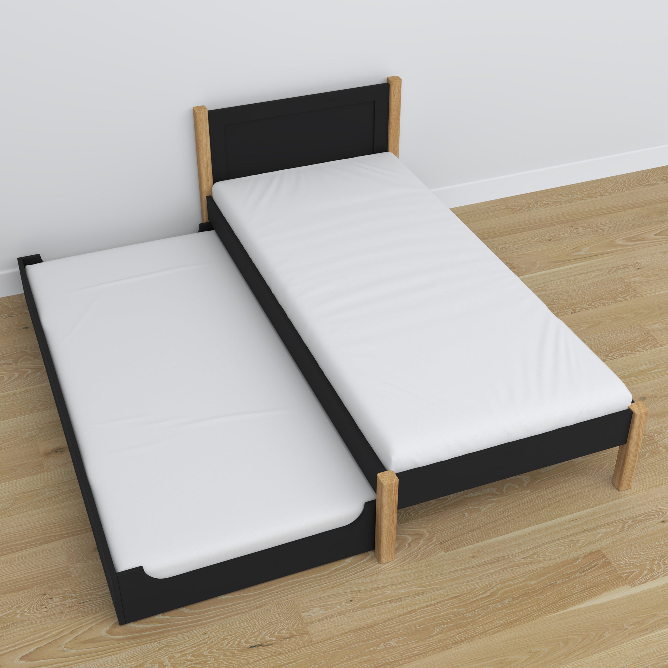 Bed with mattress drawer black-oak made of wood – dimensions, Nizio