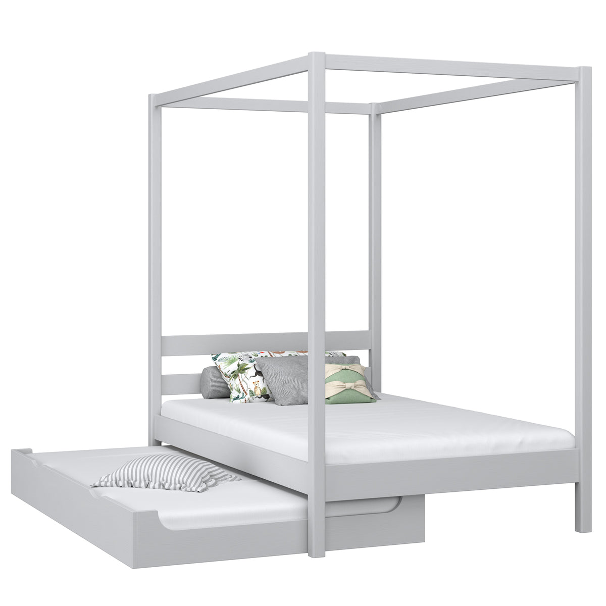 Wooden canopy bed with mattress drawer grey – scandi child’s room