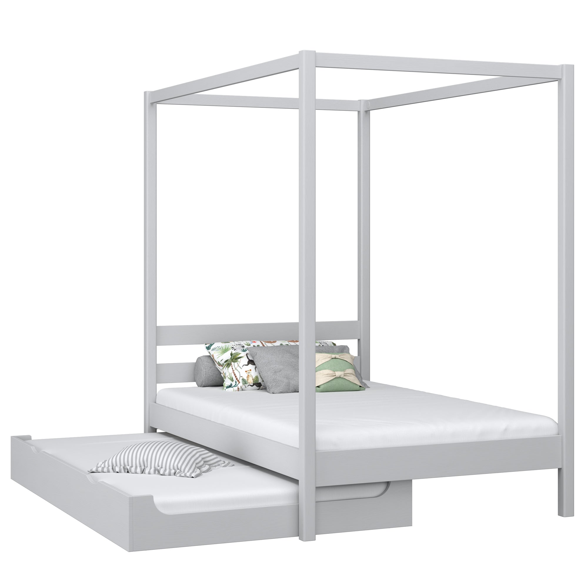 Wooden canopy bed with mattress drawer grey – scandi child’s room