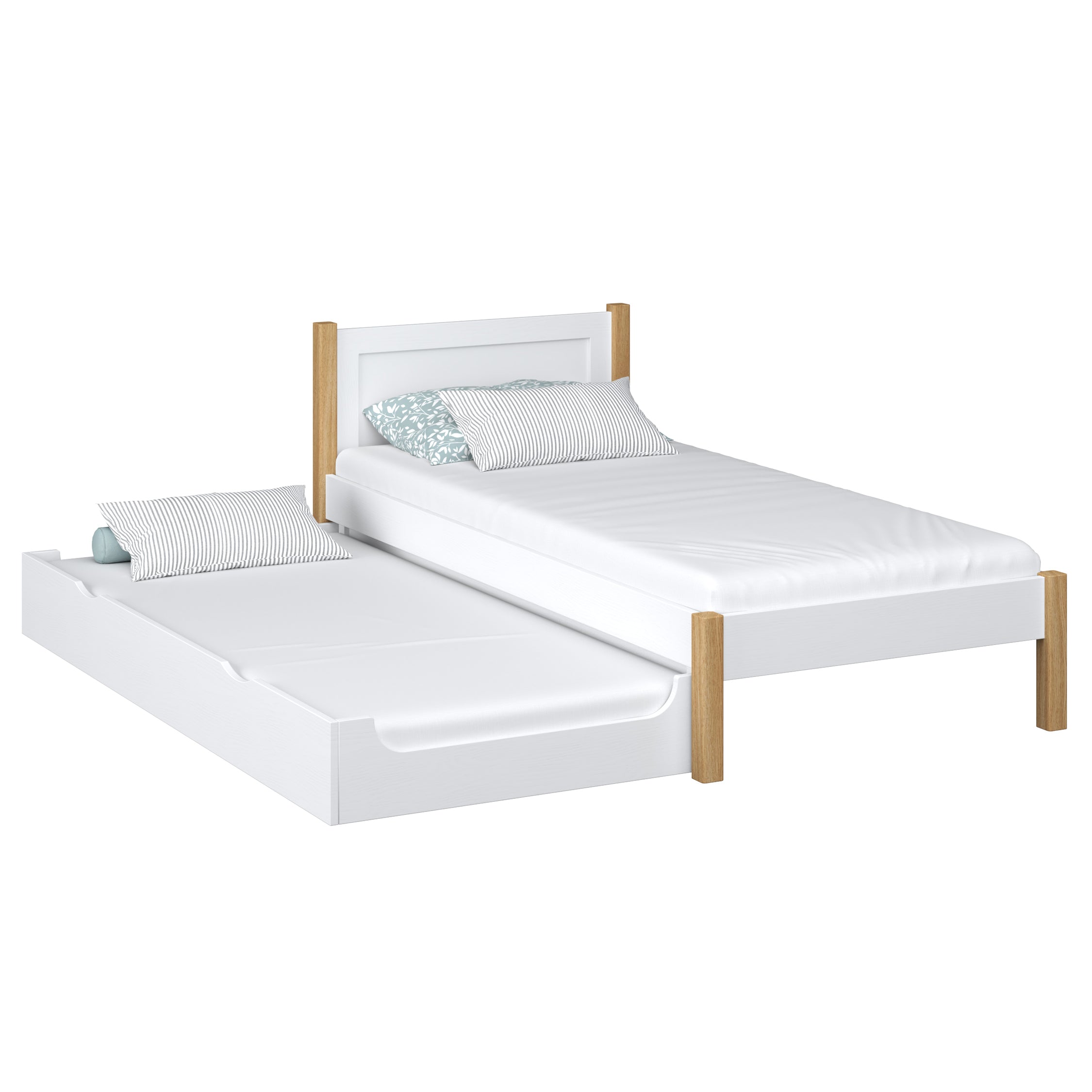 Wooden bed with mattress drawer white-oak – child’s room, scandi Nizio