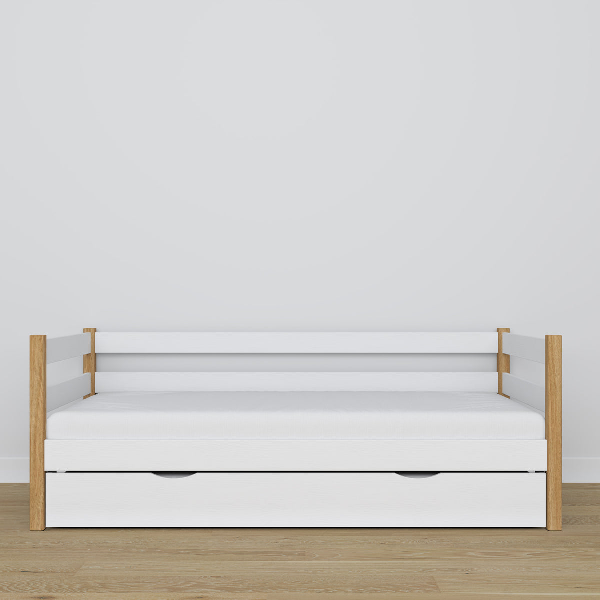 Letto divano con cassetto per materasso bianco-quercia in legno – dimensioni, Nizio
