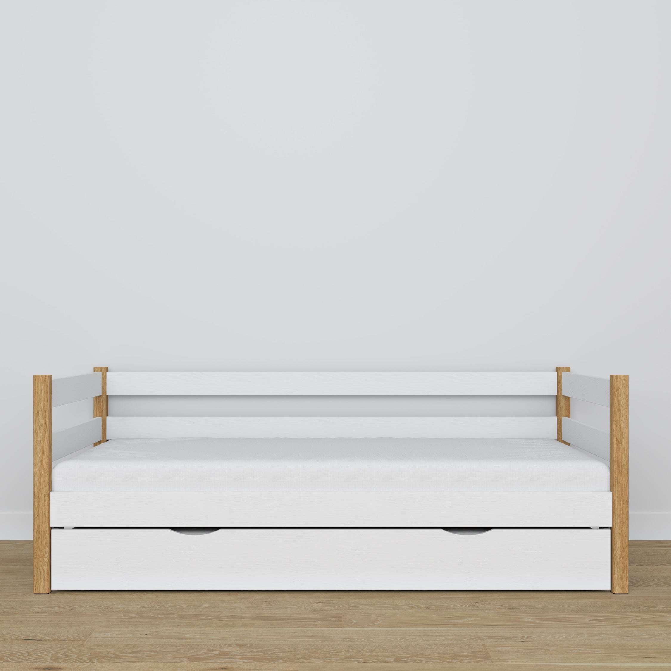 Letto divano con cassetto per materasso bianco-quercia in legno – dimensioni, Nizio