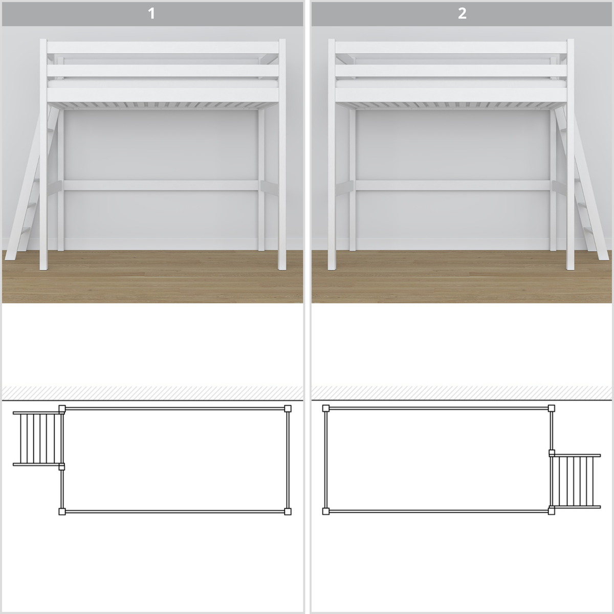 Letto a soppalco in legno bianco – vista dall'alto su posto letto