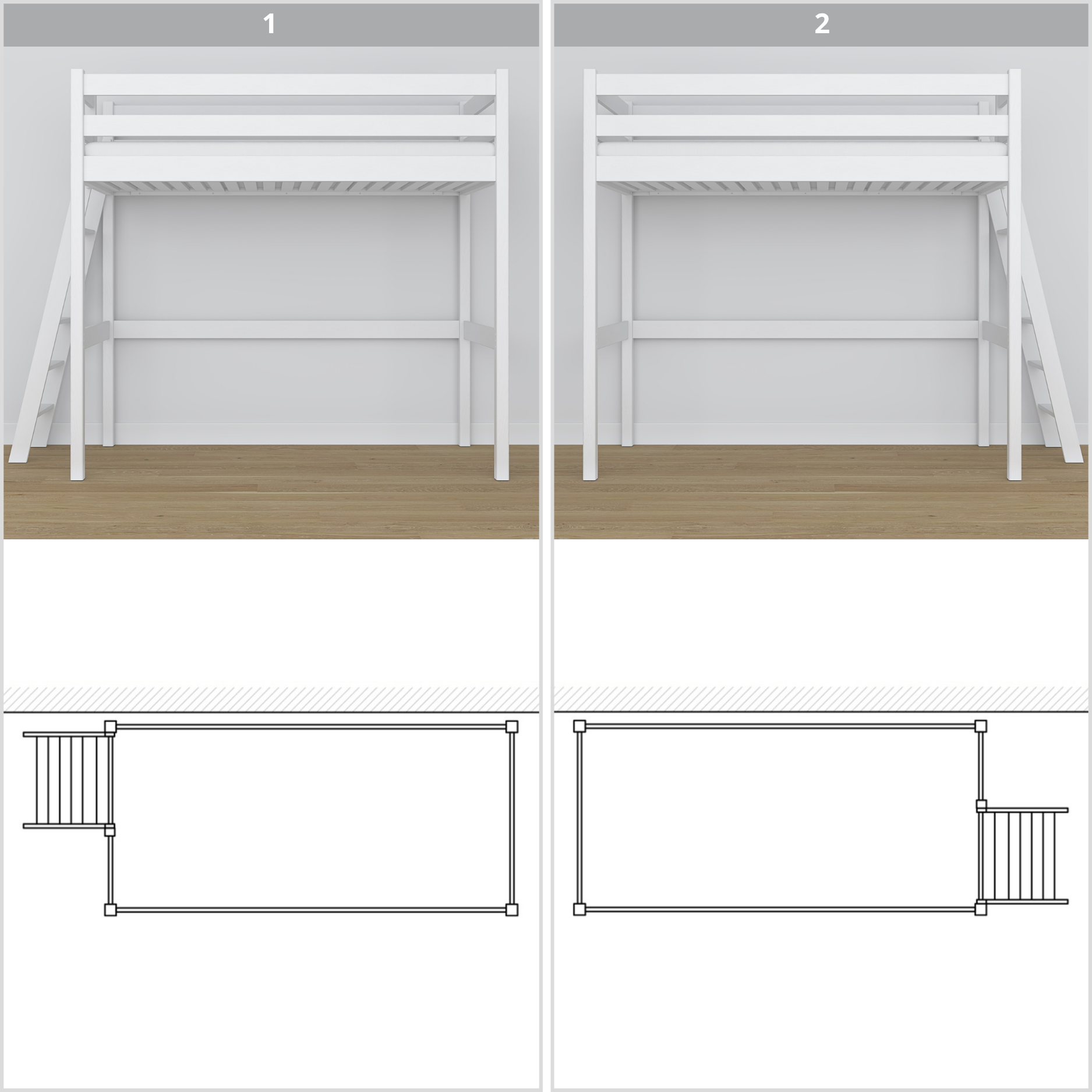 Letto a soppalco in legno bianco – vista dall'alto su posto letto