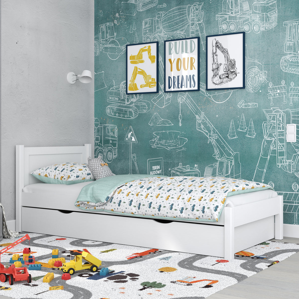 Letto singolo con cassetto in legno bianco – stanza per bambini, stile scandi