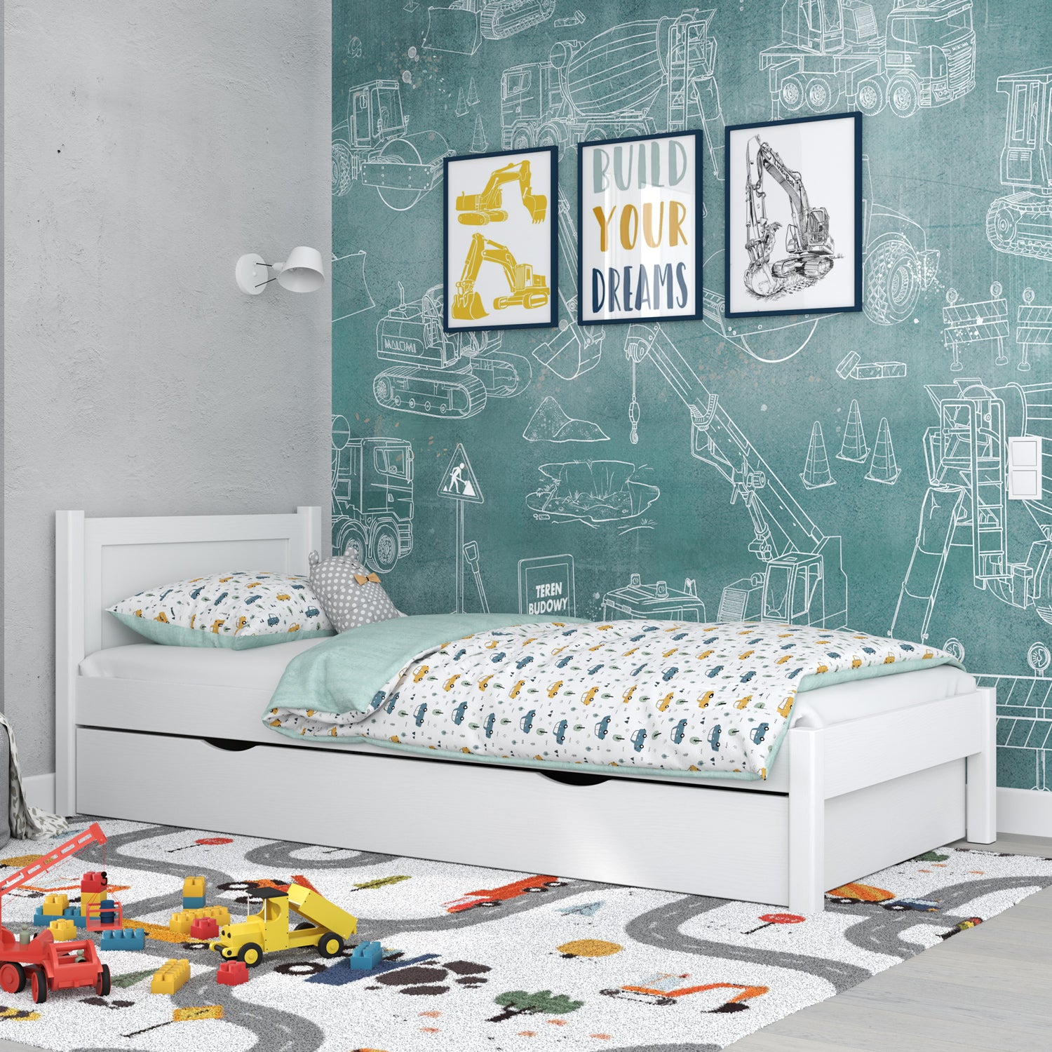 Letto singolo con cassetto in legno bianco – stanza per bambini, stile scandi