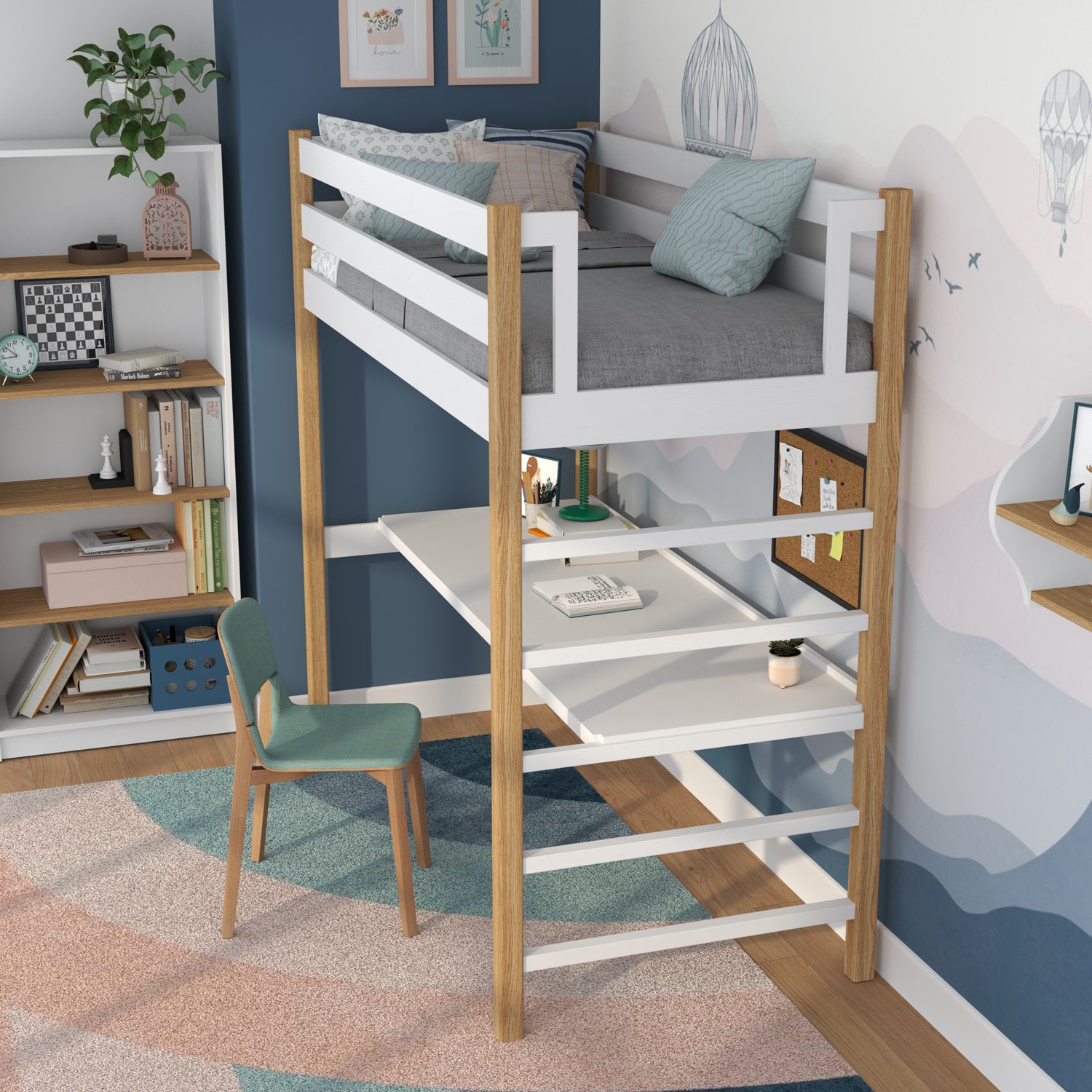 Letto a soppalco bianco-quercia – scrivania in legno sotto camera da letto, stanza per bambini scandi