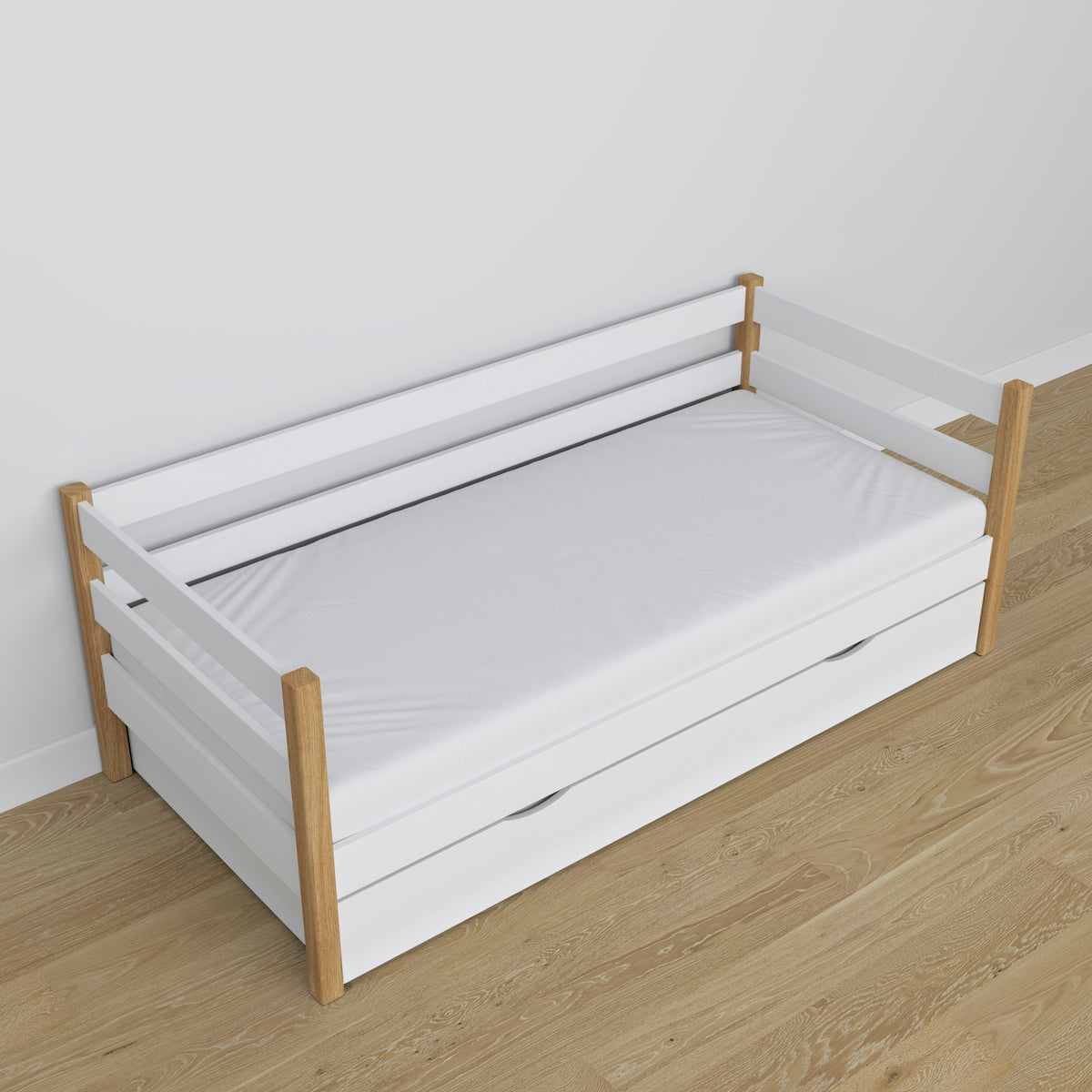 Letto divano con cassetto in legno bianco-quercia – allestimento nella cameretta dei bambini scandi