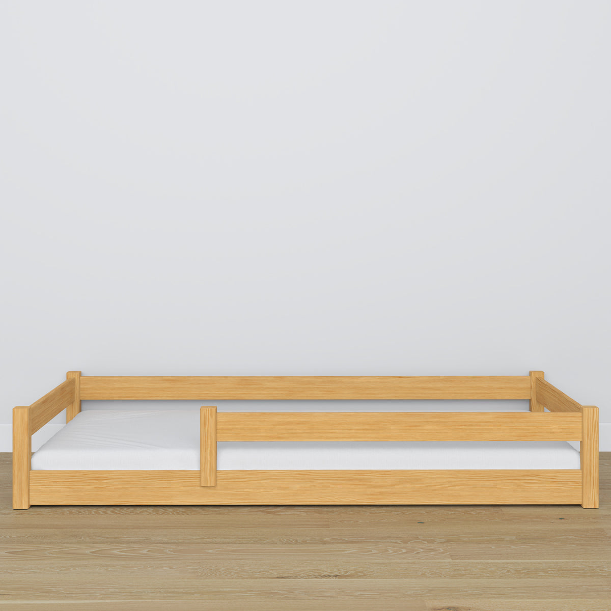 Low Bed Natural Pine – Wooden Headboard, Close-up of Wood Quality