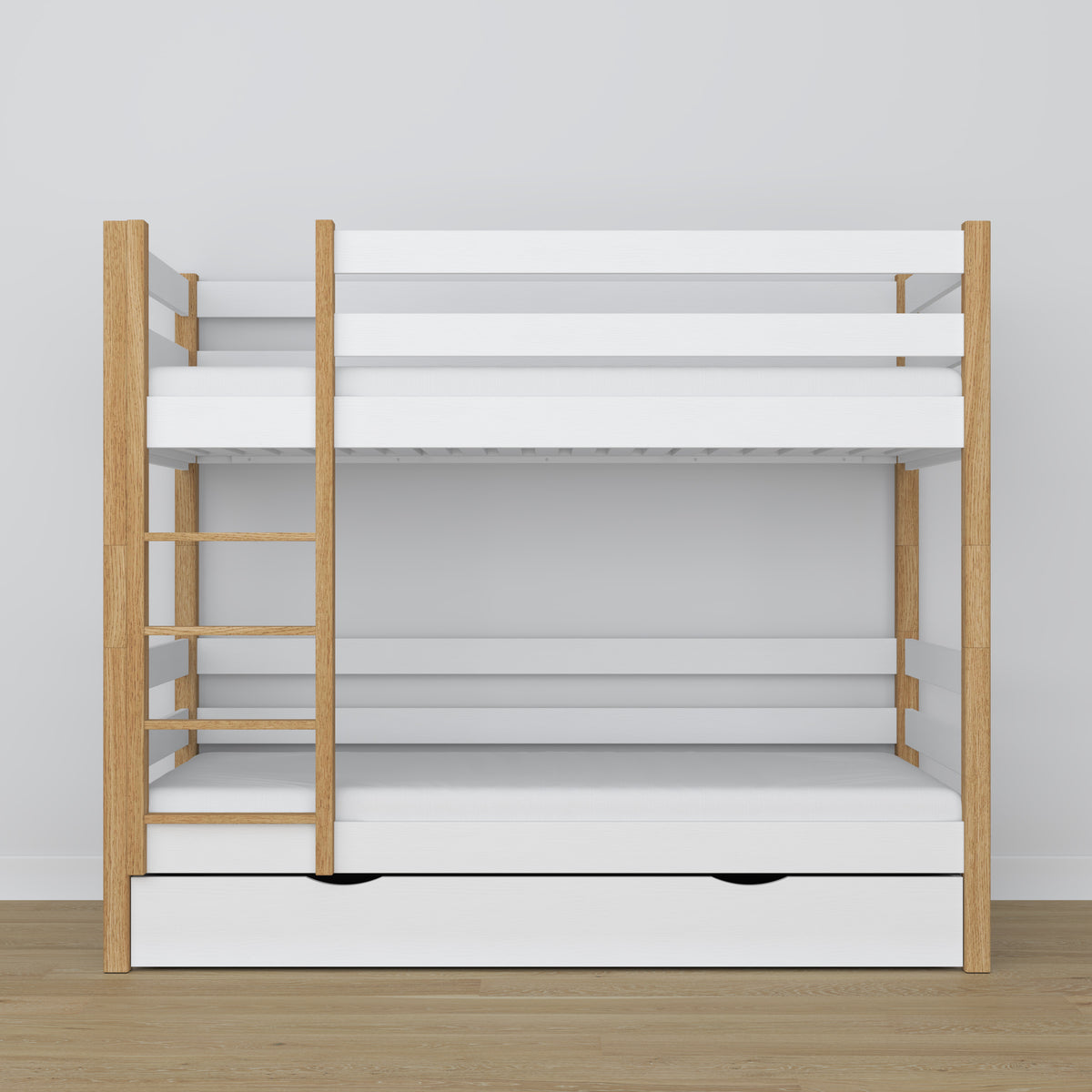Letto a castello bianco-quercia – struttura in legno con doghe, vista laterale