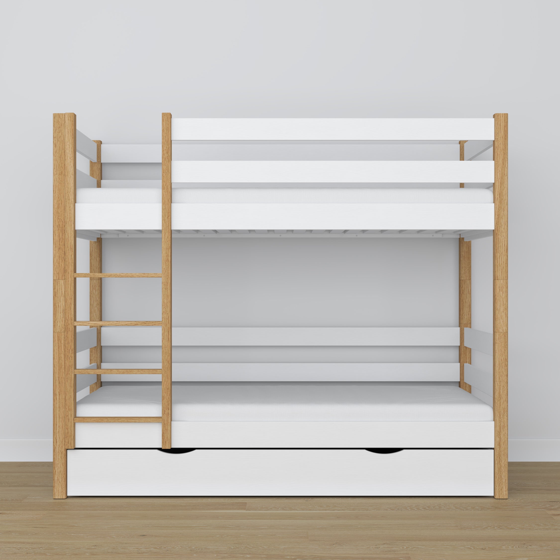 Letto a castello bianco-quercia – struttura in legno con doghe, vista laterale