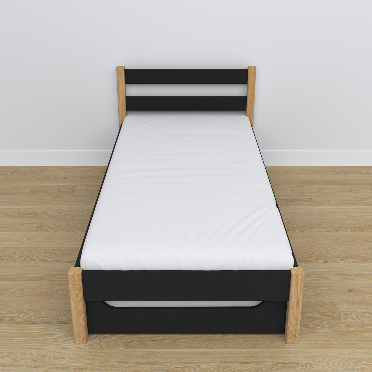 Black and Oak Bed with Mattress Drawer – Side View, Wooden, Nizio Home