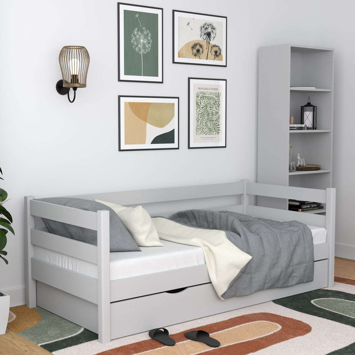 Łóżko sofa popielaty – boczna bariera drewniane, widok boczny, Nizio